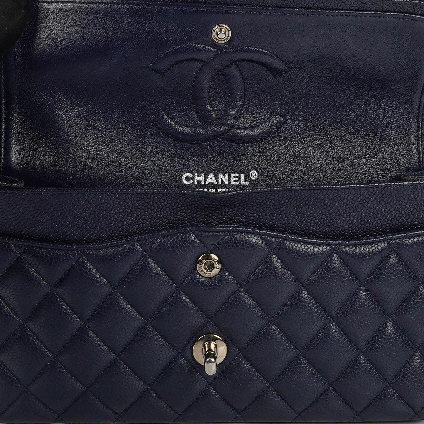 Chanel Classic Medium Double Flap Bag In Navy Quilted Caviar Leather And Silver-Tone Hardware