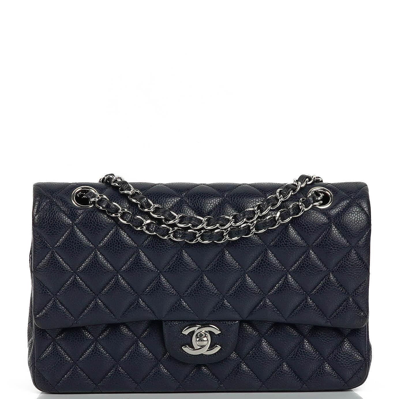 Chanel Classic Medium Double Flap Bag In Navy Quilted Caviar Leather And Silver-Tone Hardware