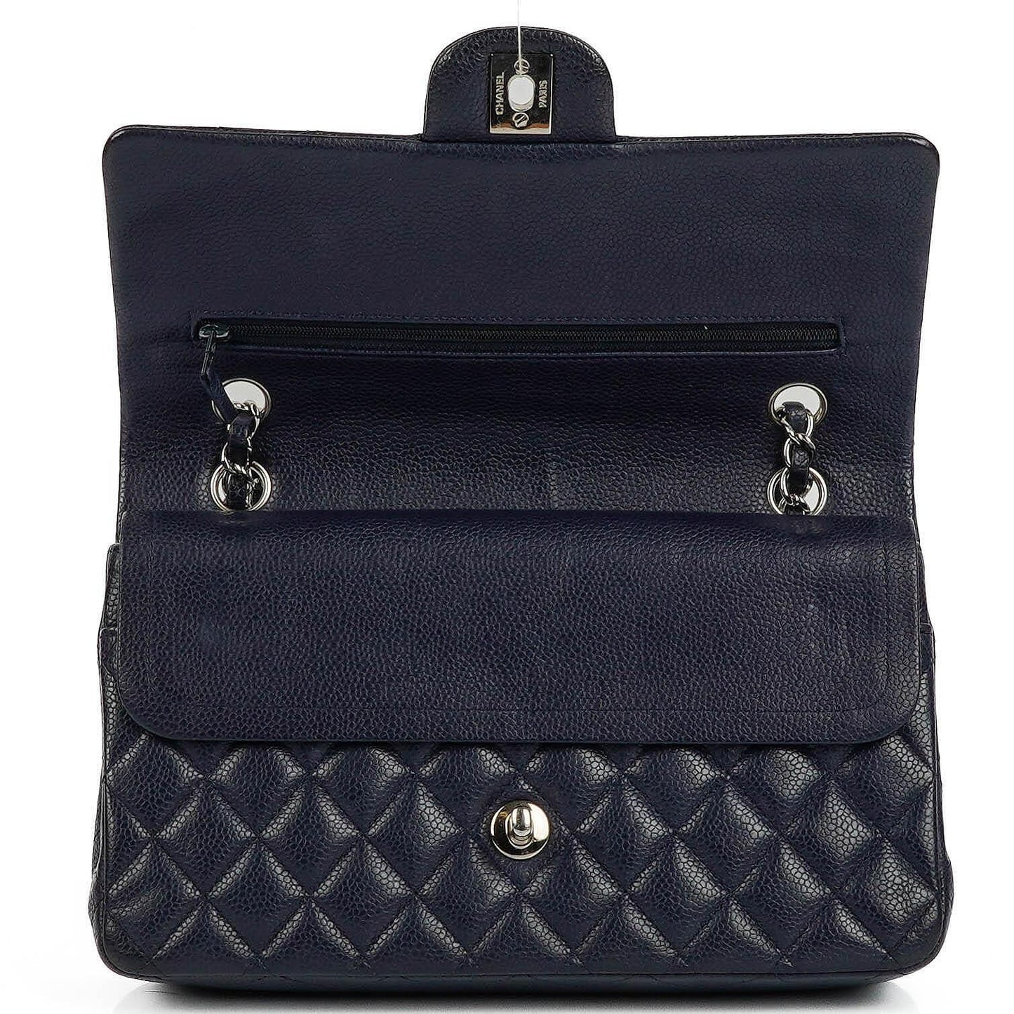 Chanel Classic Medium Double Flap Bag In Navy Quilted Caviar Leather And Silver-Tone Hardware