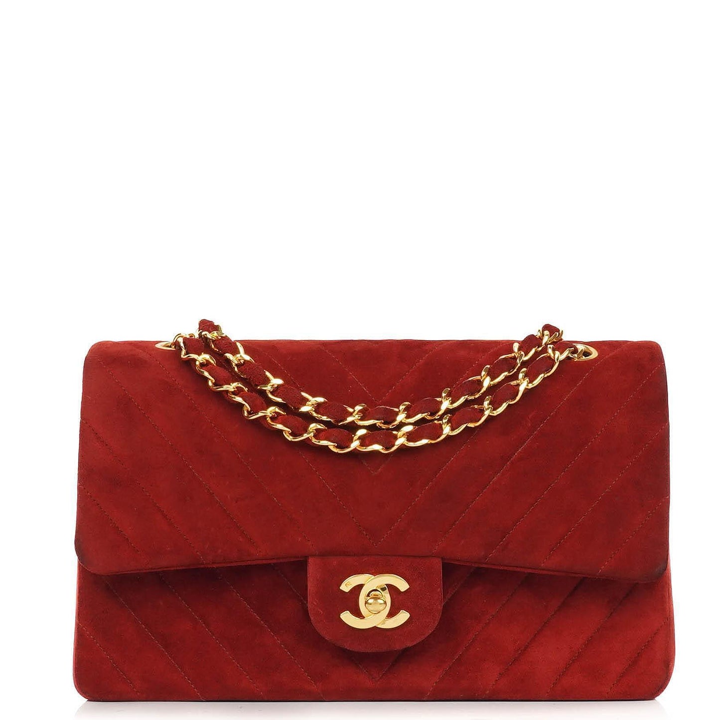 Chanel Classic Medium Double Flap Bag In Red Quilted Suede And 24K Gold-Plated Hardware
