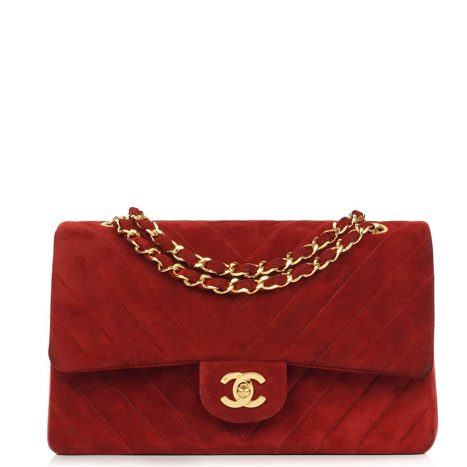 Chanel Classic Medium Double Flap Bag In Red Quilted Suede And 24K Gold-Plated Hardware