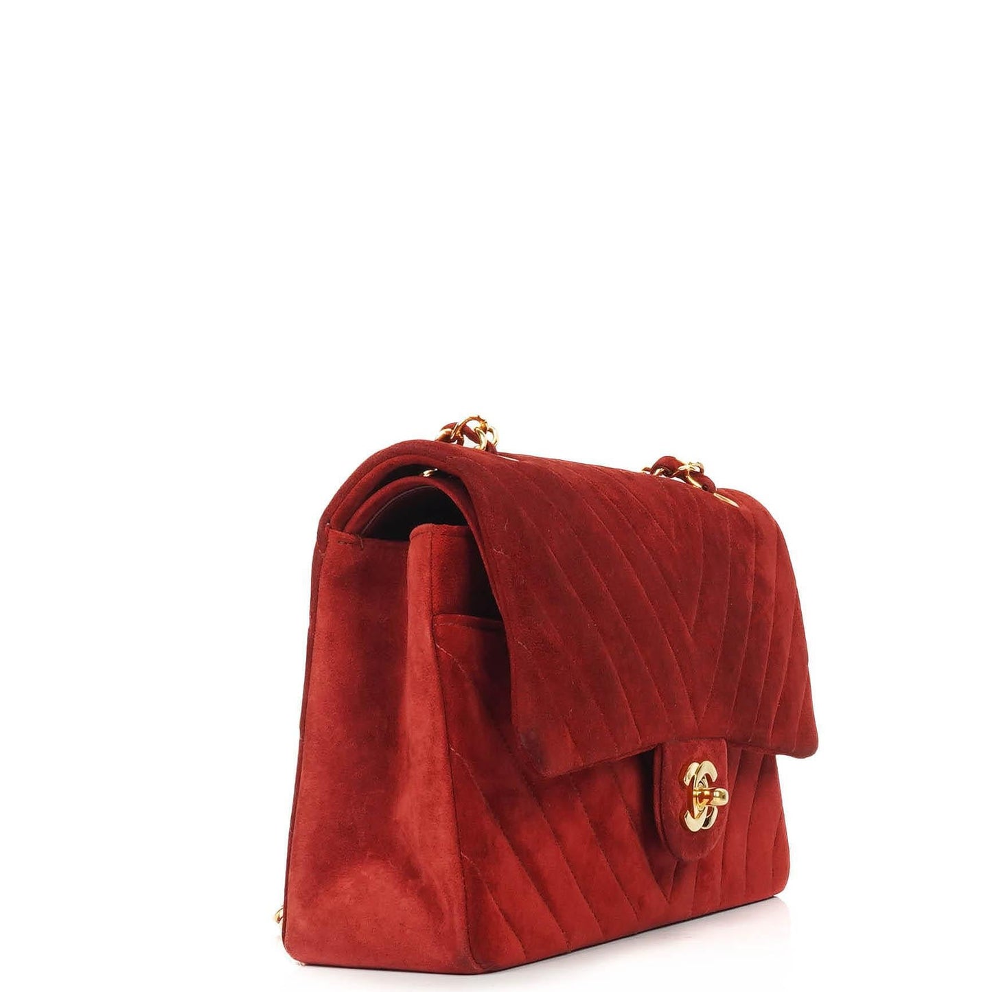Chanel Classic Medium Double Flap Bag In Red Quilted Suede And 24K Gold-Plated Hardware