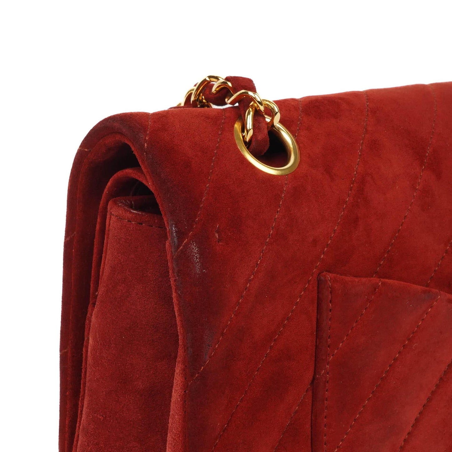 Chanel Classic Medium Double Flap Bag In Red Quilted Suede And 24K Gold-Plated Hardware
