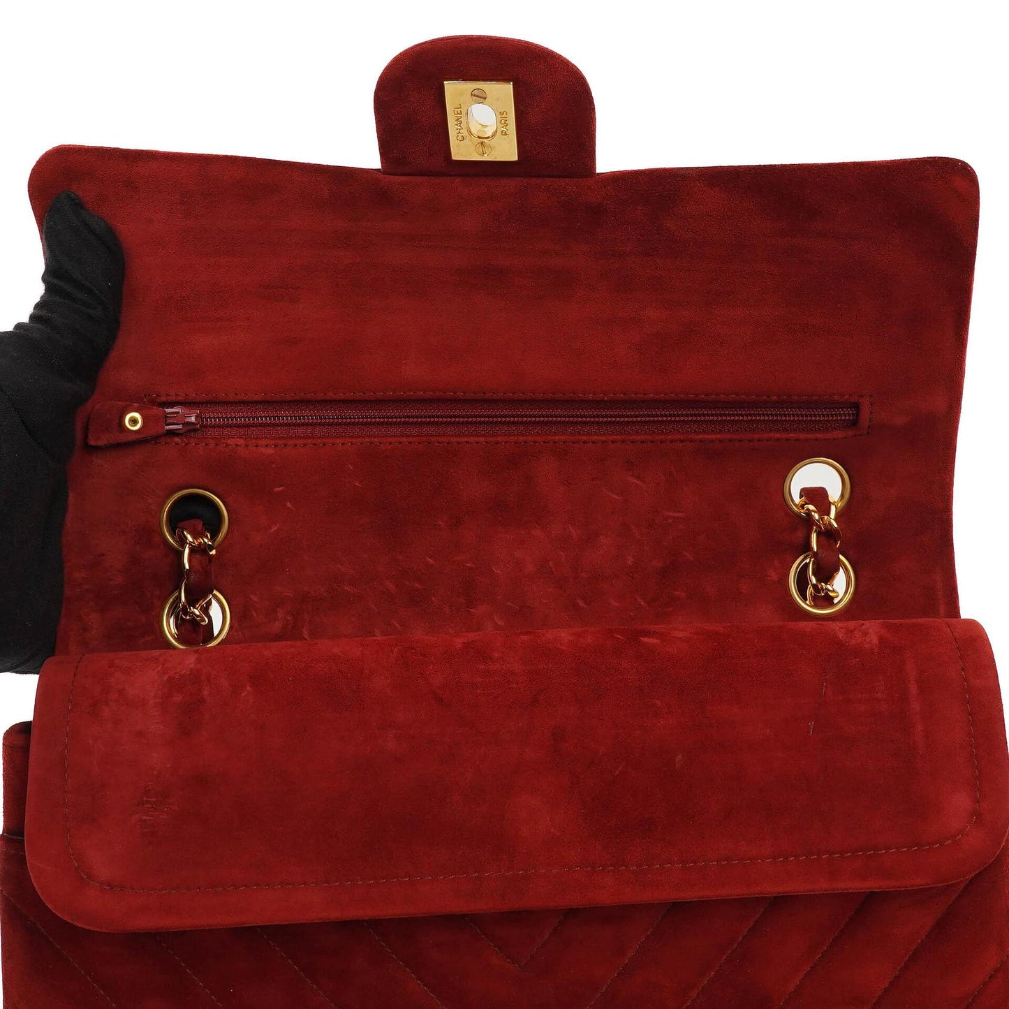 Chanel Classic Medium Double Flap Bag In Red Quilted Suede And 24K Gold-Plated Hardware