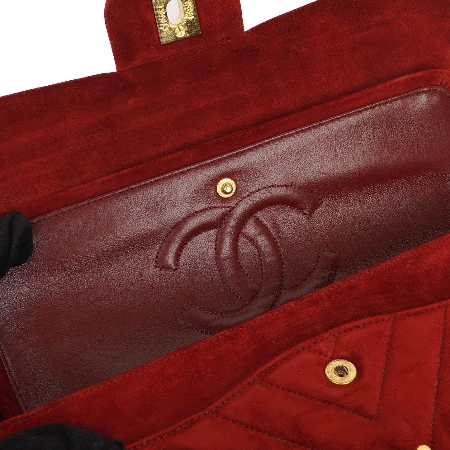 Chanel Classic Medium Double Flap Bag In Red Quilted Suede And 24K Gold-Plated Hardware