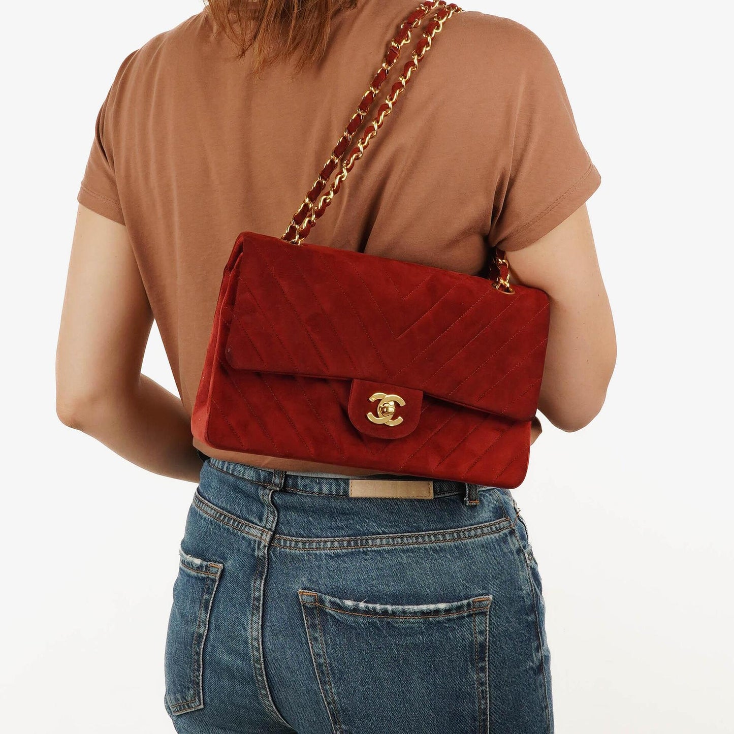 Chanel Classic Medium Double Flap Bag In Red Quilted Suede And 24K Gold-Plated Hardware