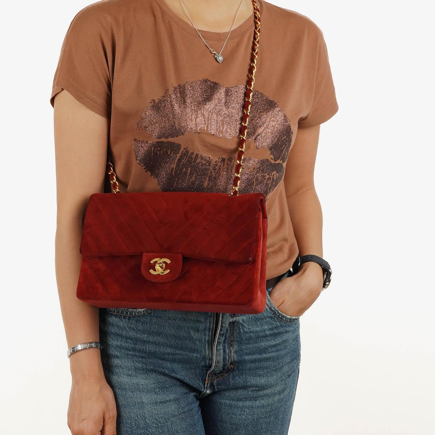 Chanel Classic Medium Double Flap Bag In Red Quilted Suede And 24K Gold-Plated Hardware