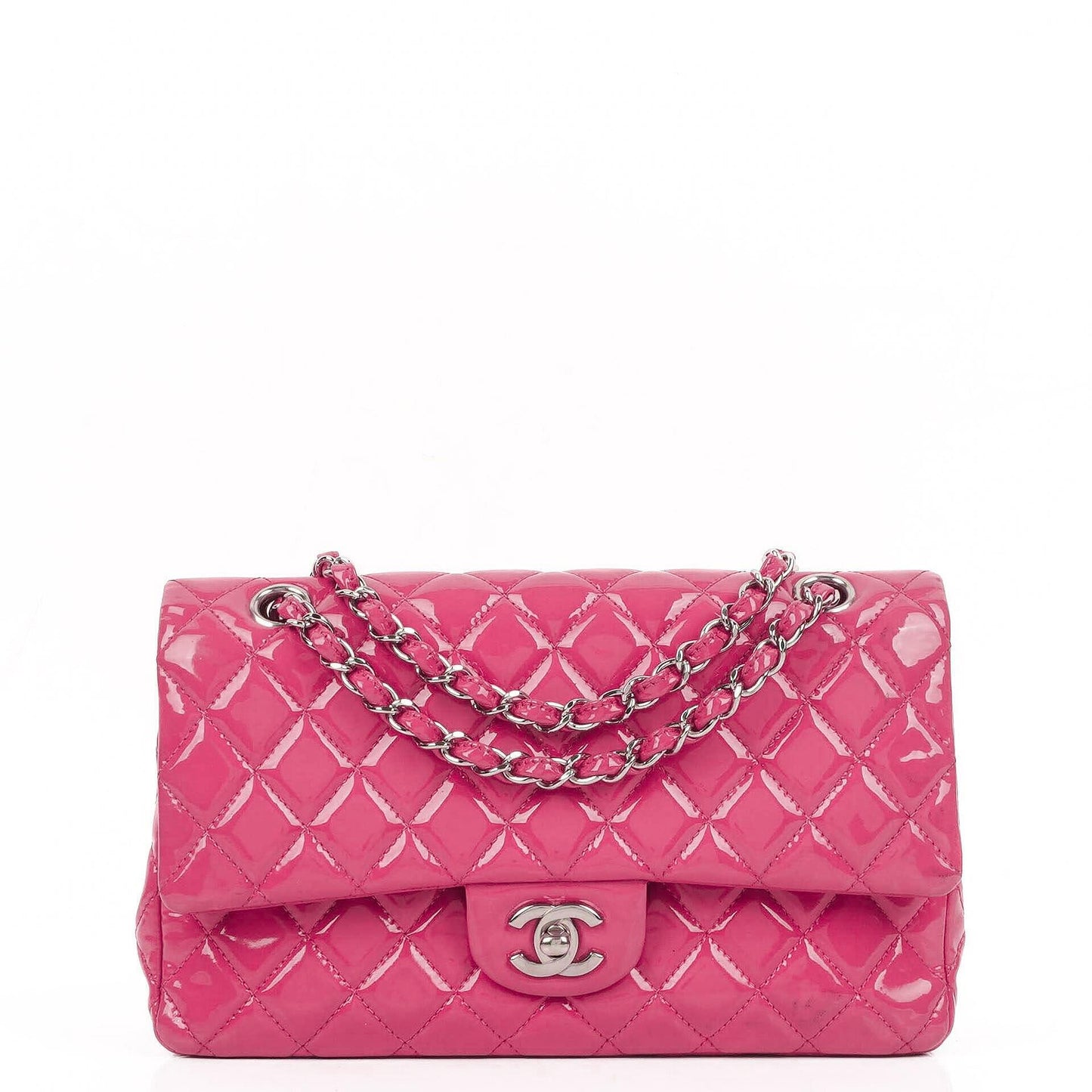 Chanel Classic Medium Pink Quilted Patent Leather Double Flap Bag With Silver Hardware