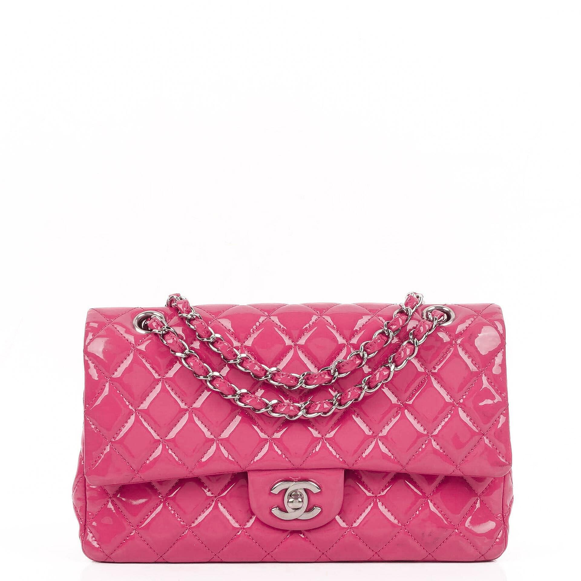 Chanel Classic Medium Pink Quilted Patent Leather Double Flap Bag With Silver Hardware