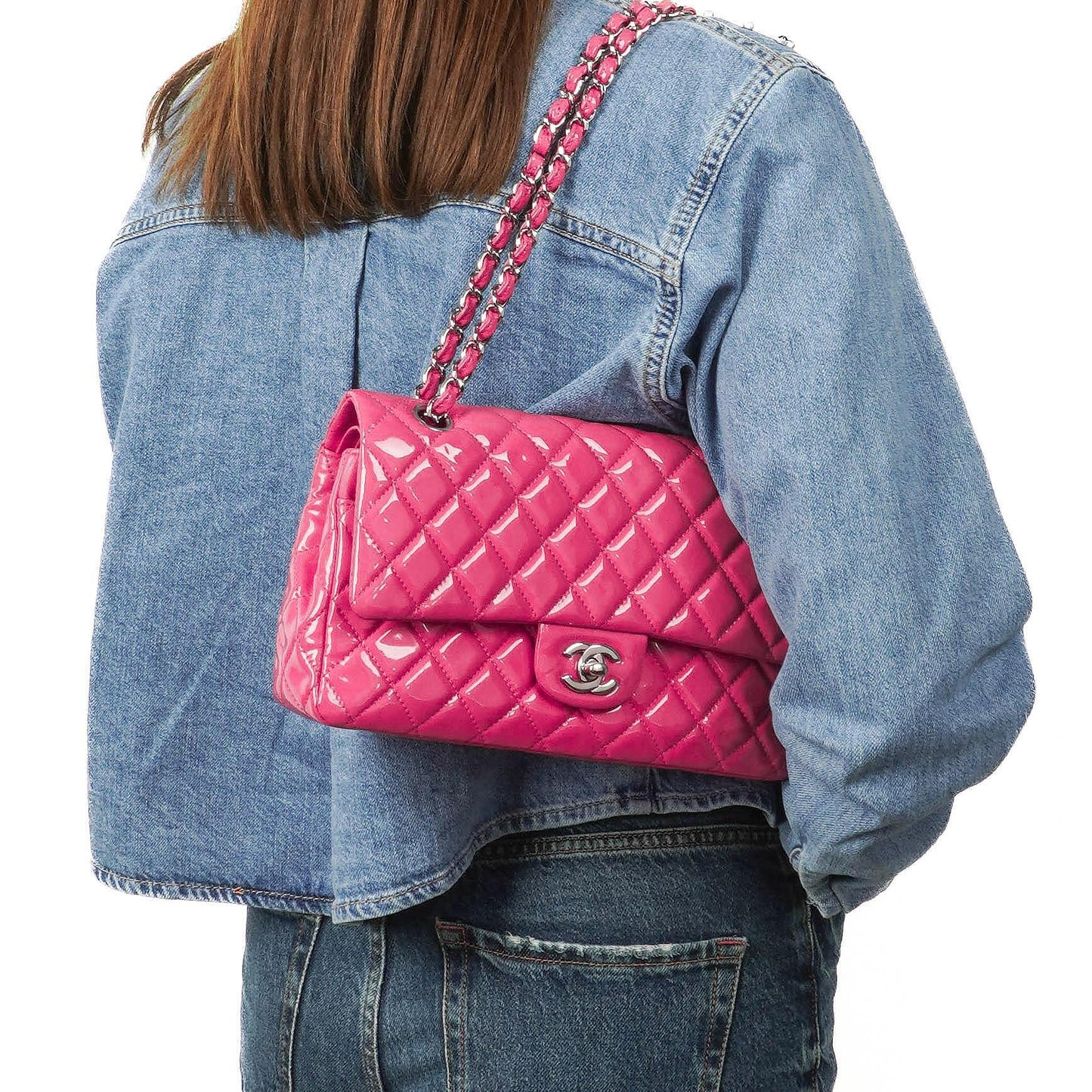 Chanel Classic Medium Pink Quilted Patent Leather Double Flap Bag With Silver Hardware