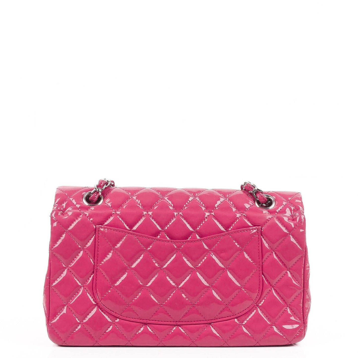 Chanel Classic Medium Pink Quilted Patent Leather Double Flap Bag With Silver Hardware