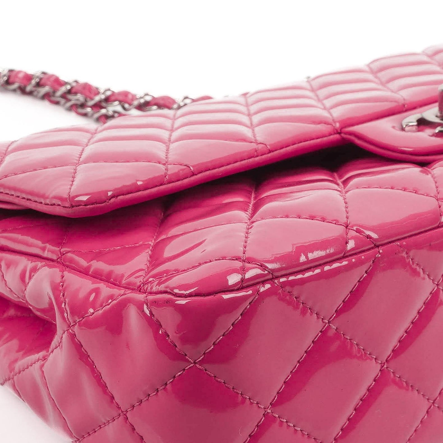 Chanel Classic Medium Pink Quilted Patent Leather Double Flap Bag With Silver Hardware