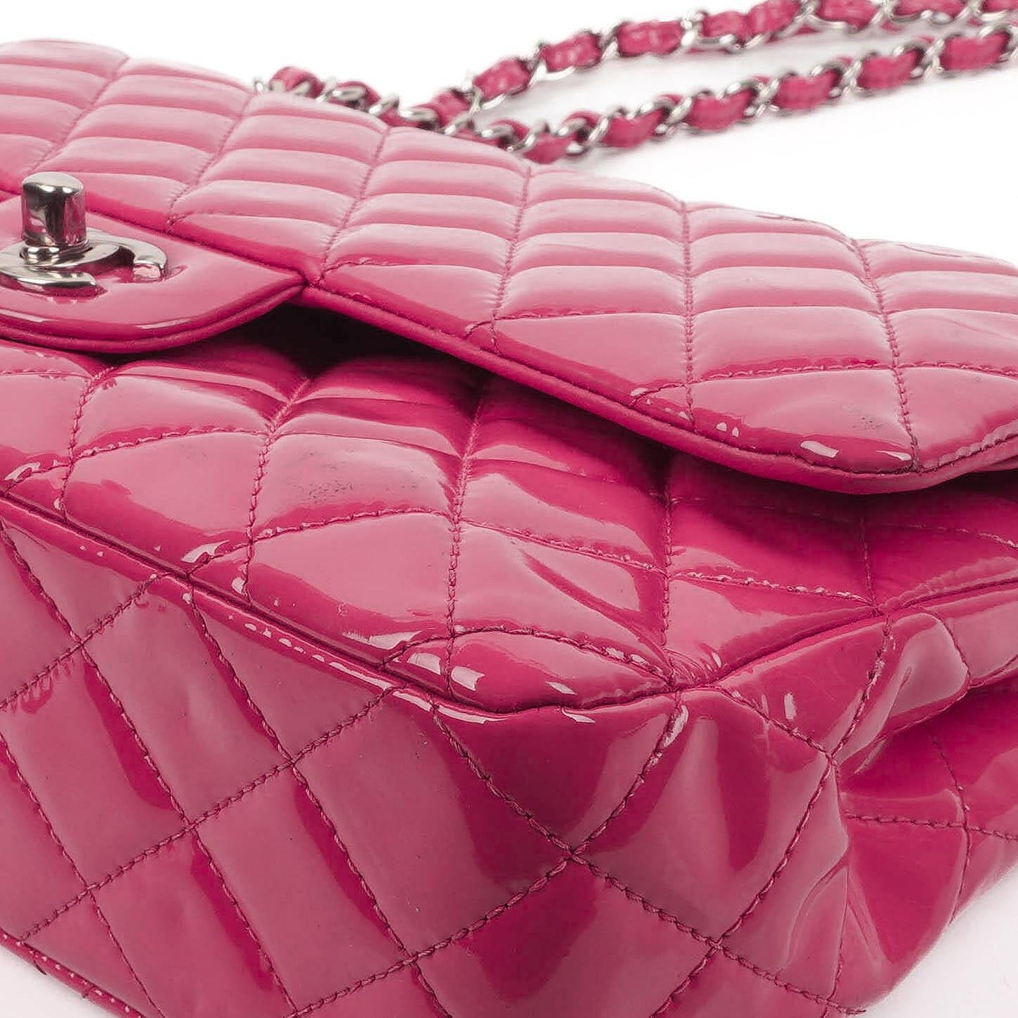Chanel Classic Medium Pink Quilted Patent Leather Double Flap Bag With Silver Hardware