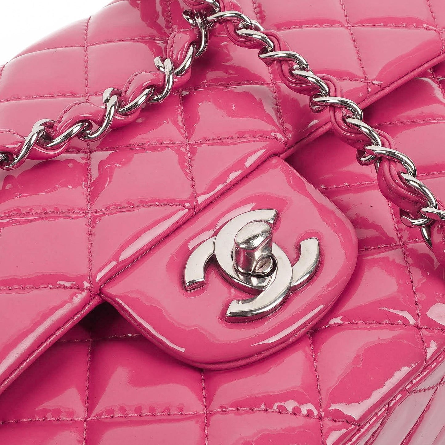 Chanel Classic Medium Pink Quilted Patent Leather Double Flap Bag With Silver Hardware