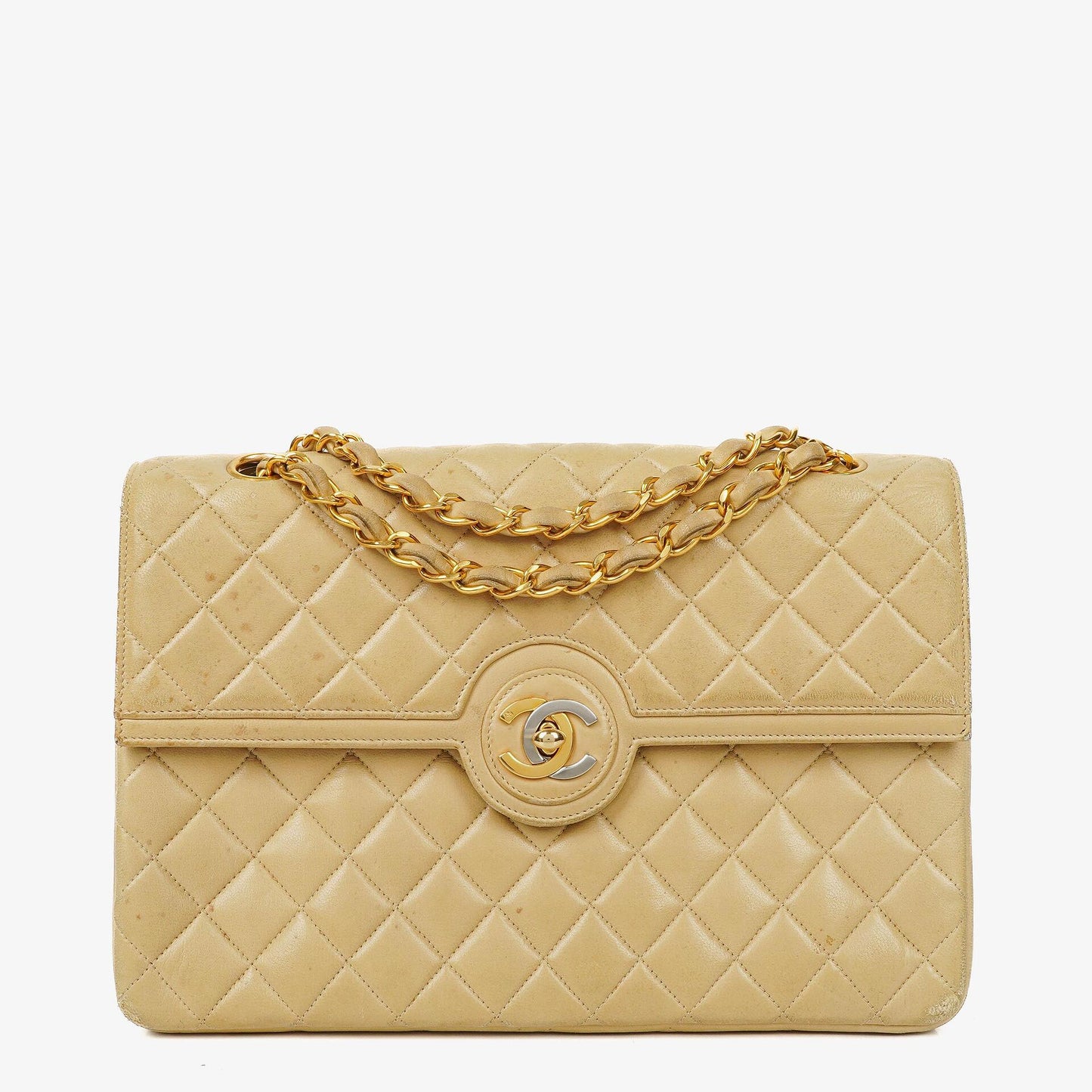 Chanel Classic Medium Single Flap Bag Beige Quilted Leather With Gold & Silver Tone Combo Hardware