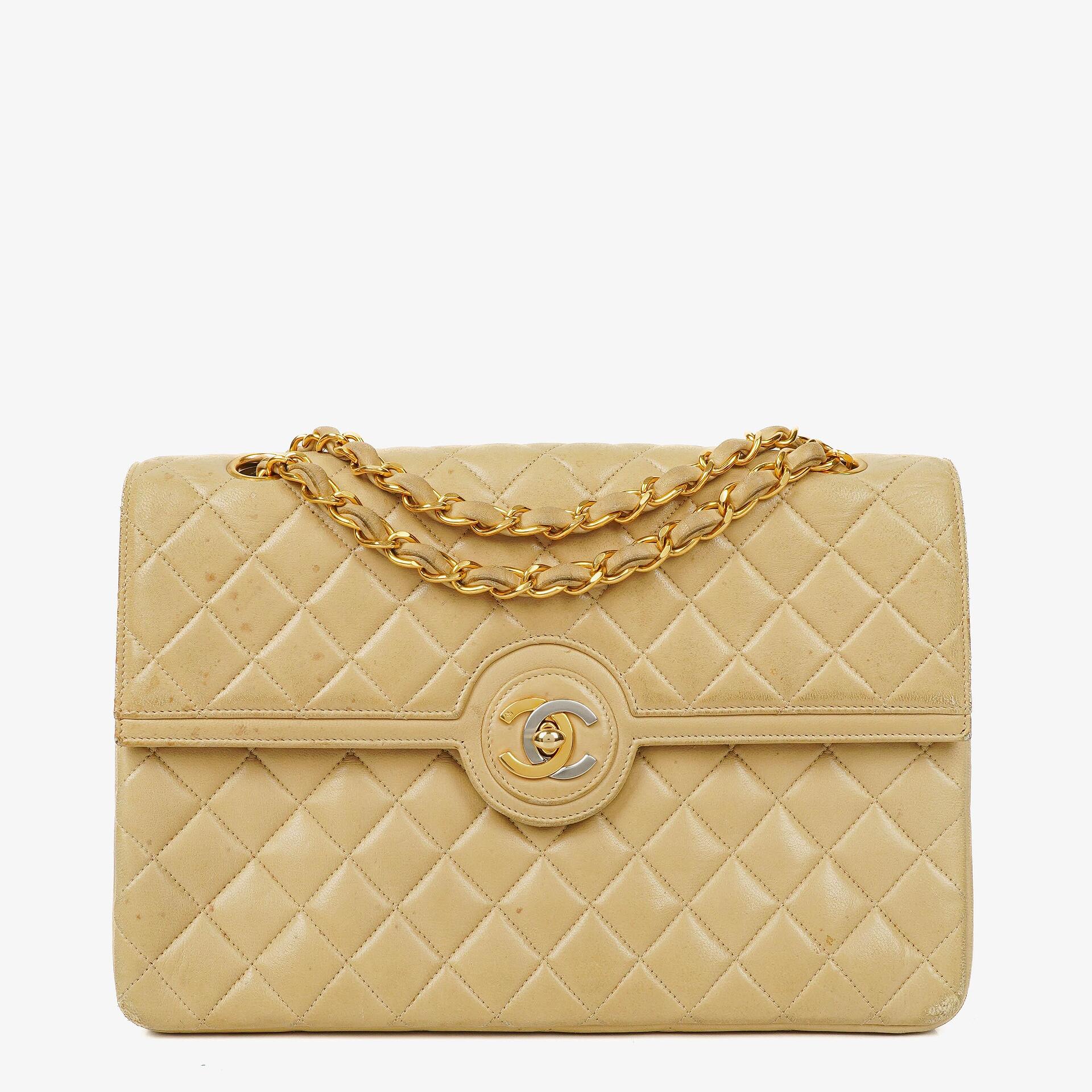 Chanel Classic Medium Single Flap Bag Beige Quilted Leather With Gold & Silver Tone Combo Hardware