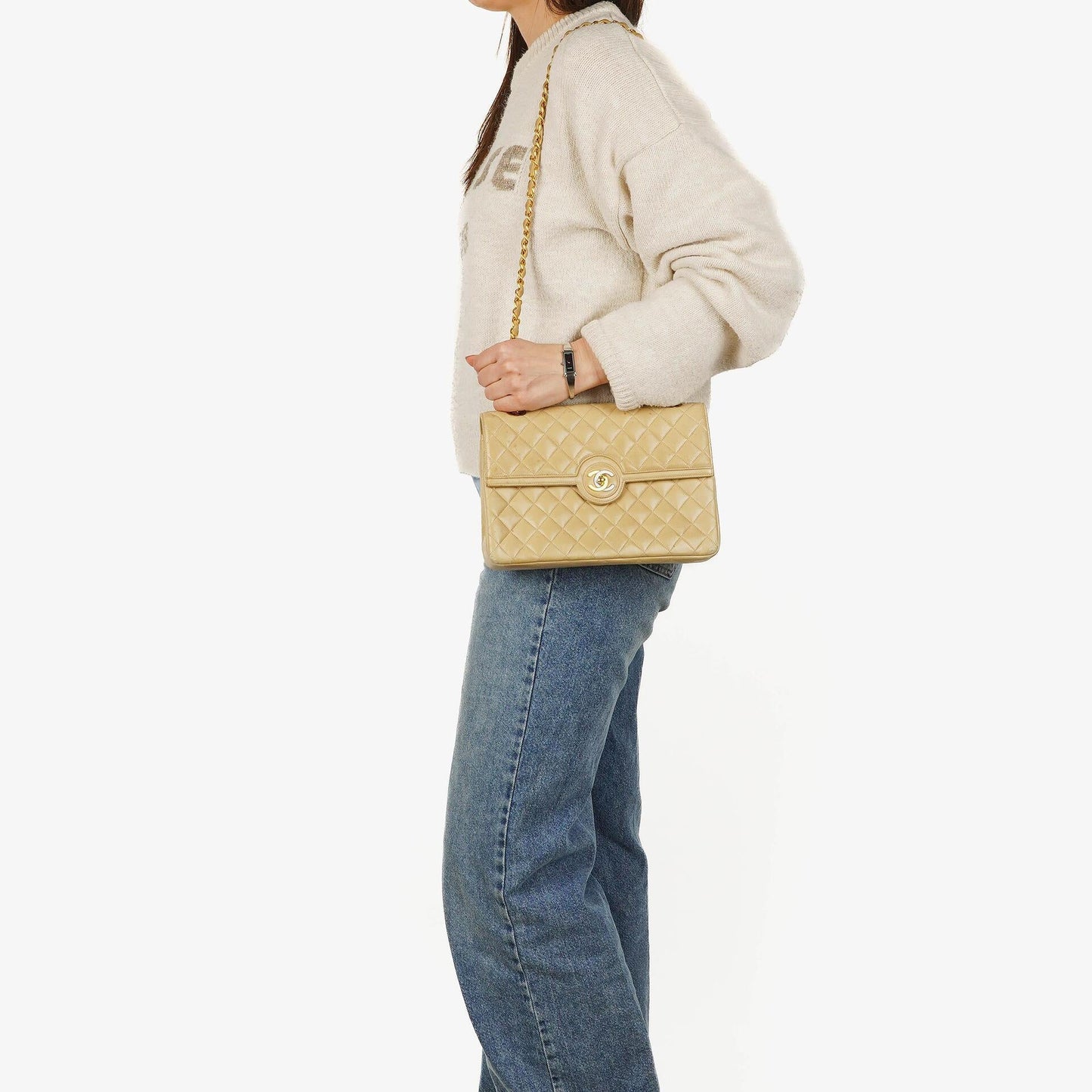 Chanel Classic Medium Single Flap Bag Beige Quilted Leather With Gold & Silver Tone Combo Hardware