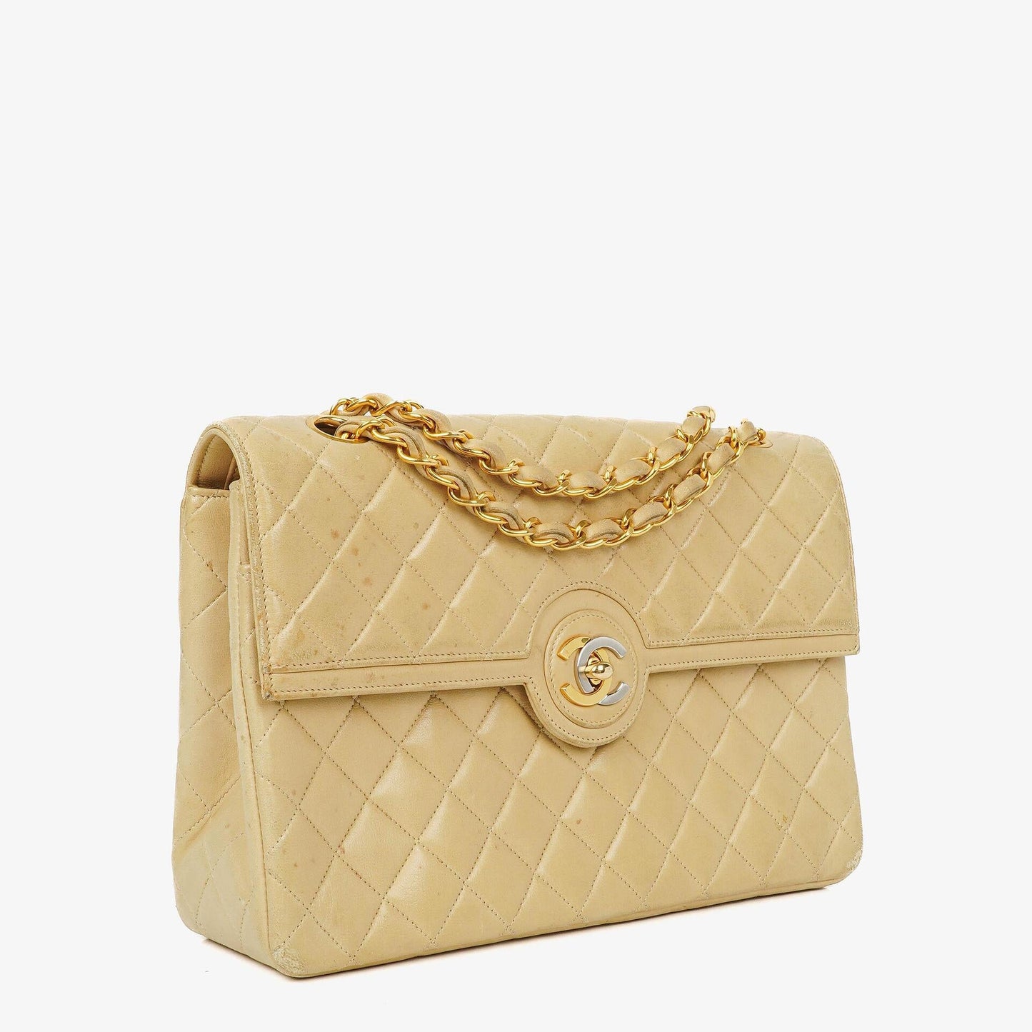 Chanel Classic Medium Single Flap Bag Beige Quilted Leather With Gold & Silver Tone Combo Hardware