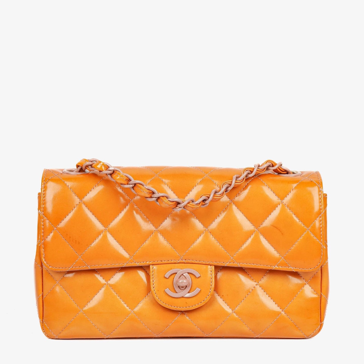 Chanel Classic Mini Rectangular Single Flap Bag Orange Patent Leather