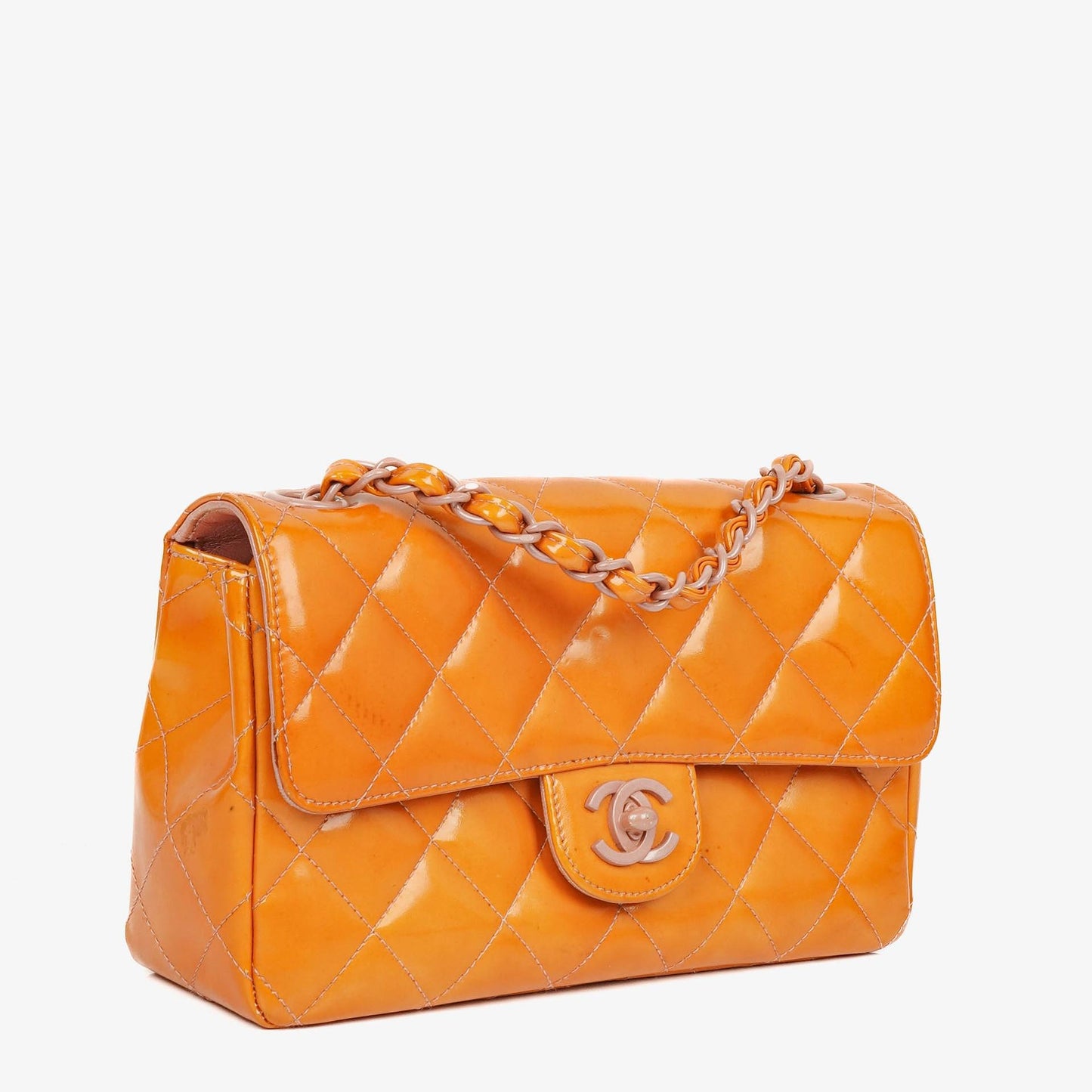 Chanel Classic Mini Rectangular Single Flap Bag Orange Patent Leather