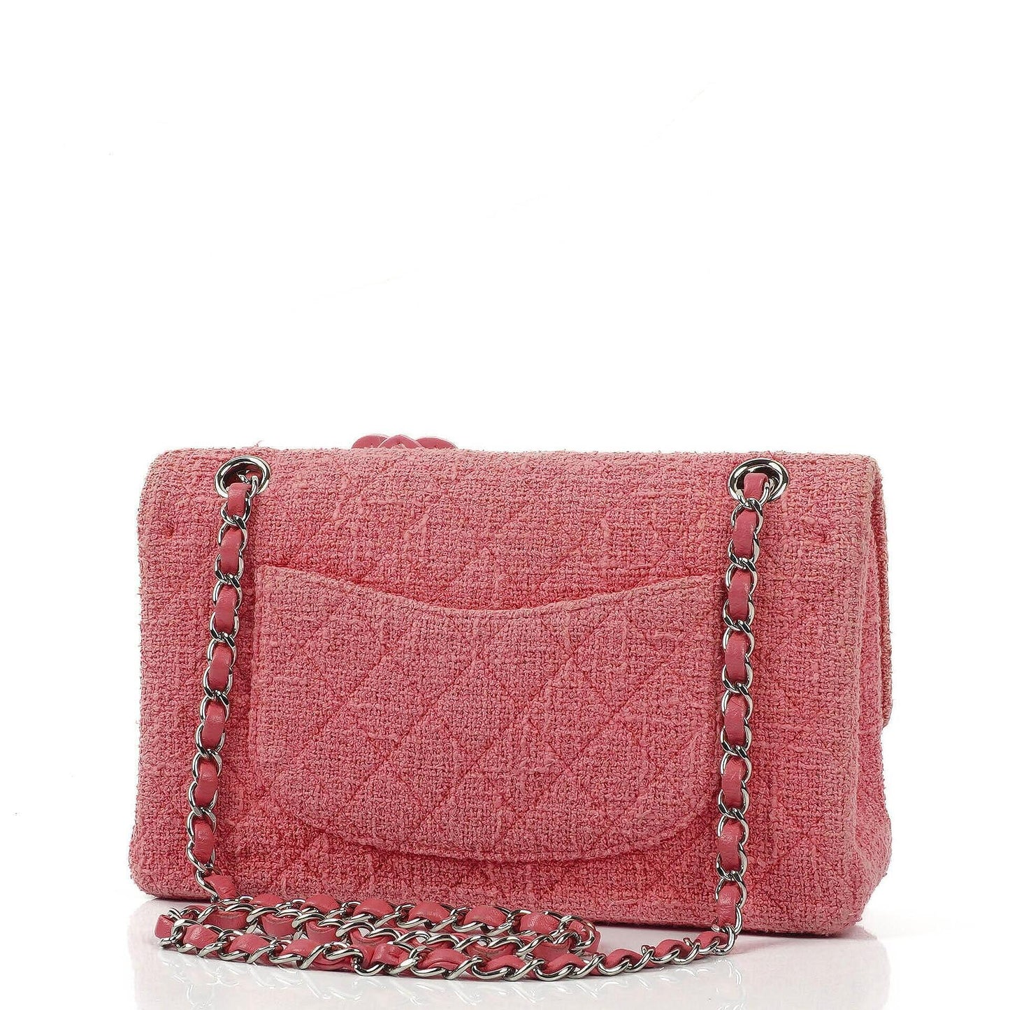 Chanel Classic Pink Tweed Crystal Bead Flower Embellished Quilted Medium Double Flap Bag With Silver Hardware