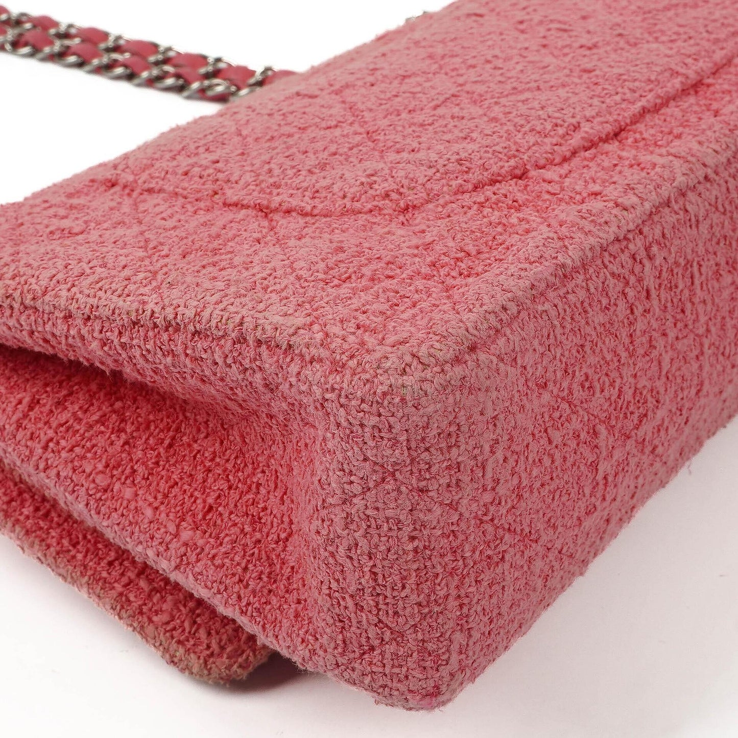 Chanel Classic Pink Tweed Crystal Bead Flower Embellished Quilted Medium Double Flap Bag With Silver Hardware