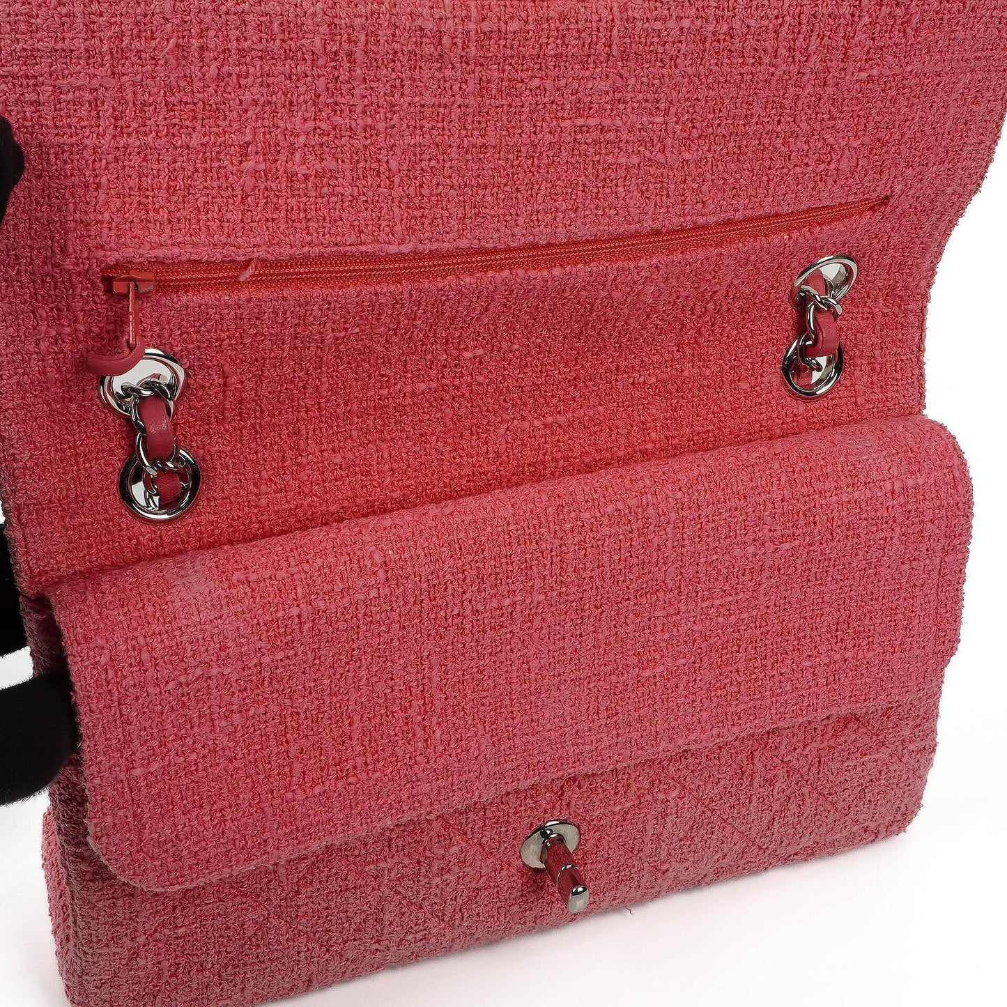 Chanel Classic Pink Tweed Crystal Bead Flower Embellished Quilted Medium Double Flap Bag With Silver Hardware