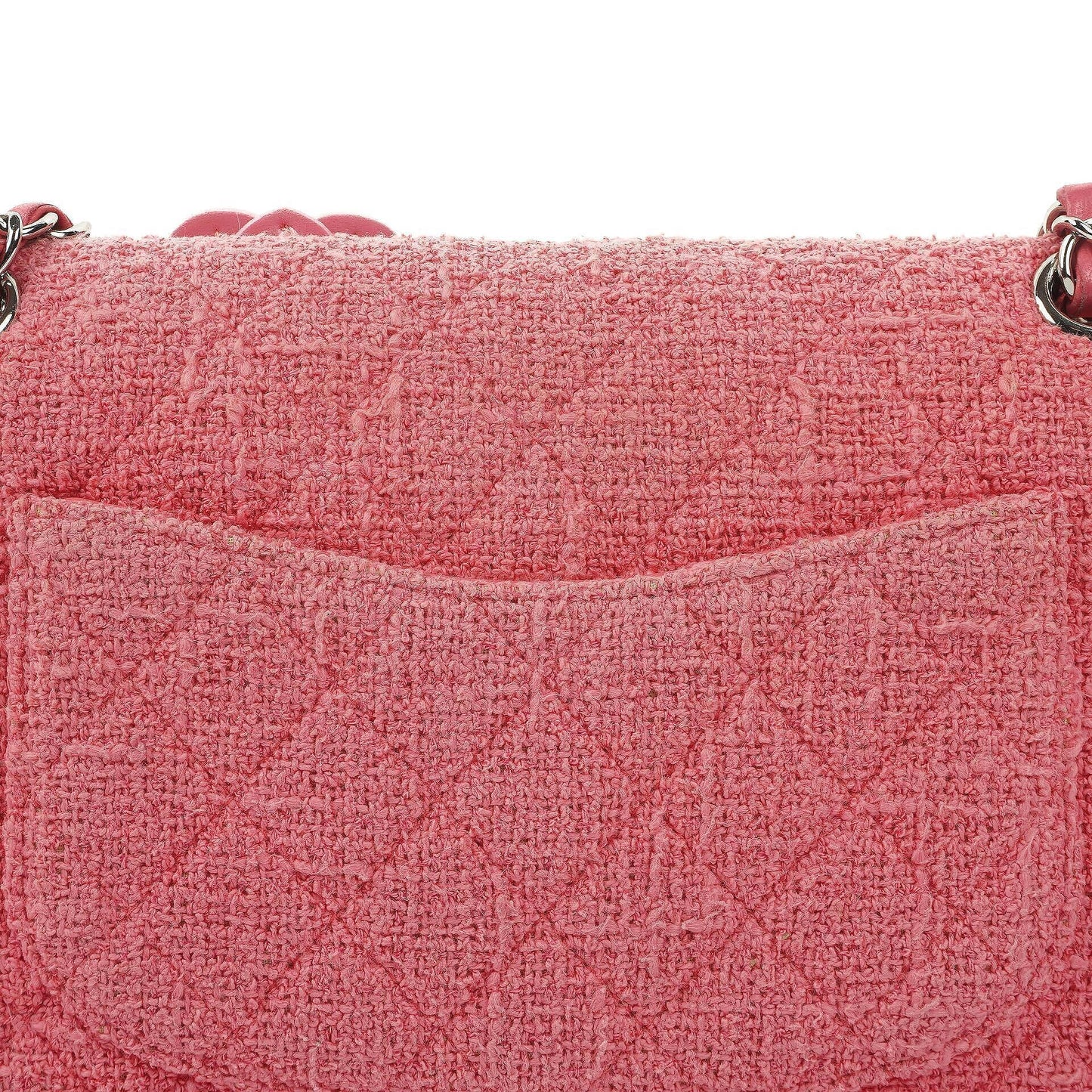 Chanel Classic Pink Tweed Crystal Bead Flower Embellished Quilted Medium Double Flap Bag With Silver Hardware
