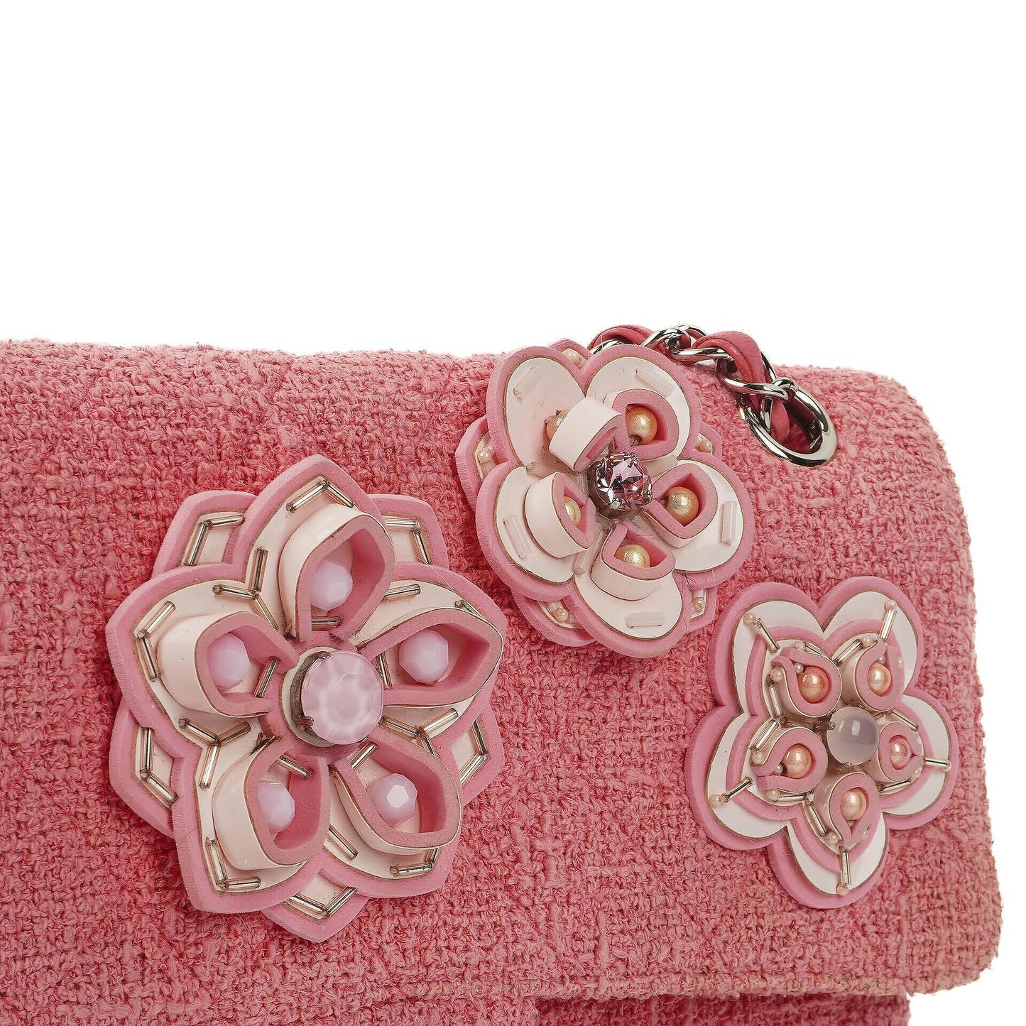 Chanel Classic Pink Tweed Crystal Bead Flower Embellished Quilted Medium Double Flap Bag With Silver Hardware