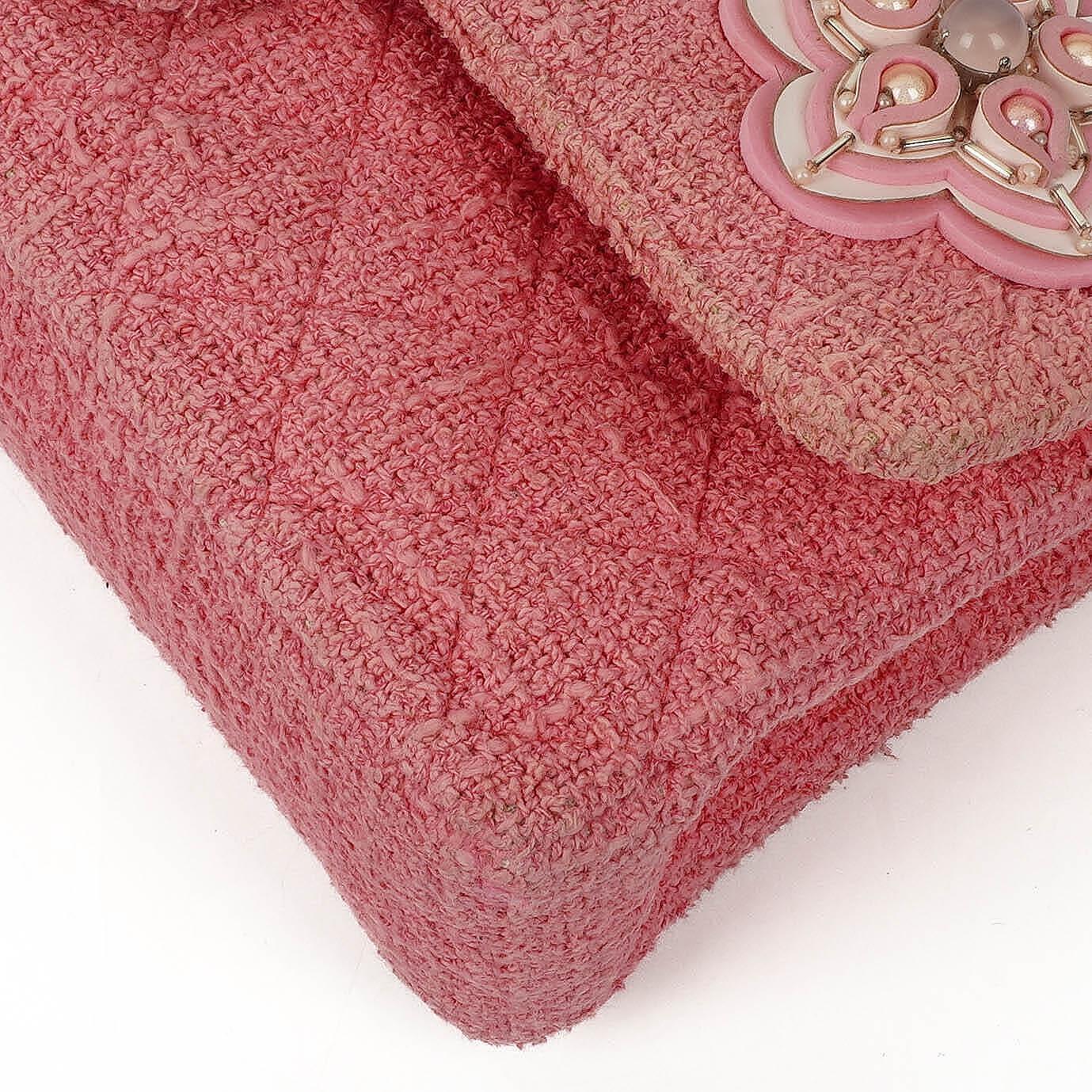 Chanel Classic Pink Tweed Crystal Bead Flower Embellished Quilted Medium Double Flap Bag With Silver Hardware
