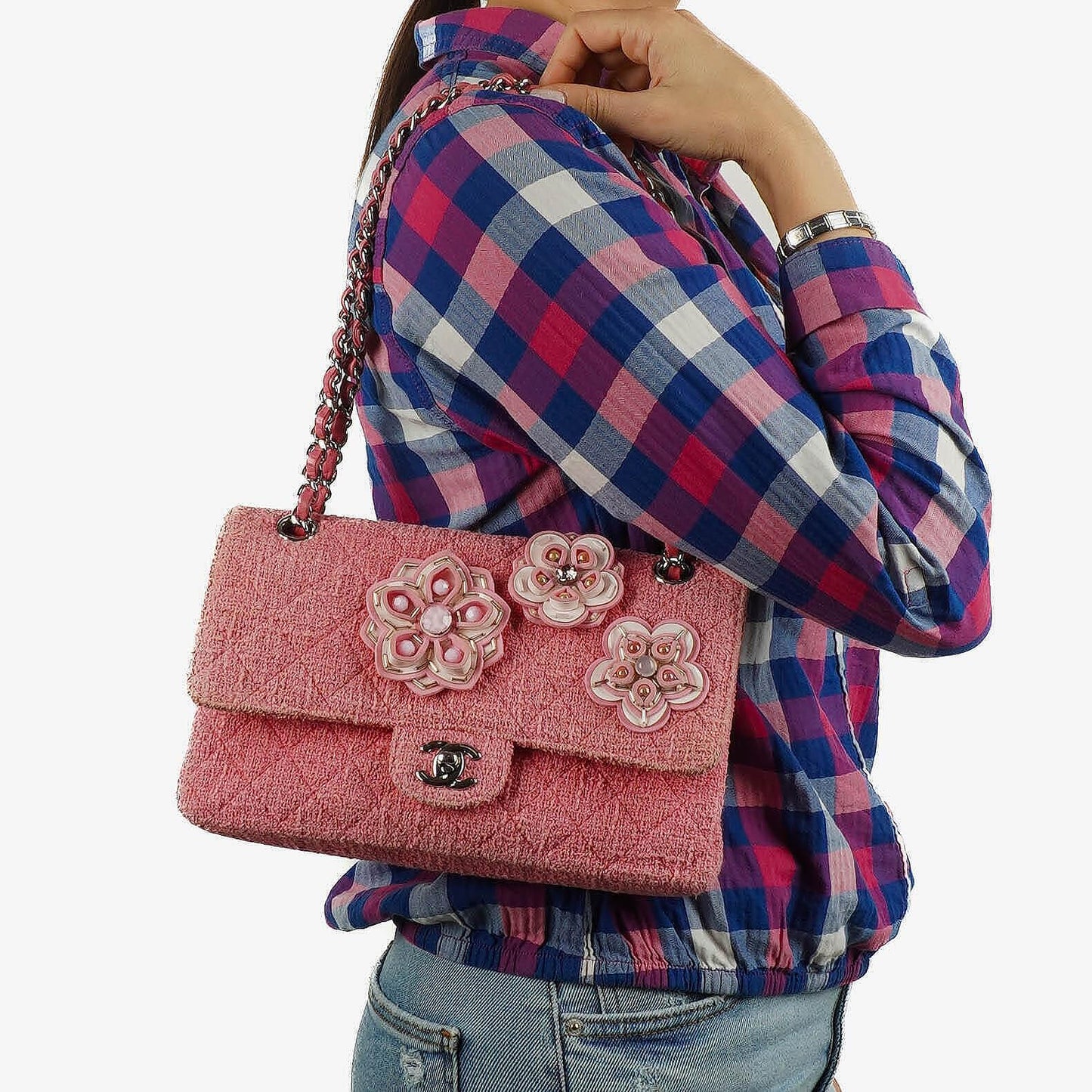 Chanel Classic Pink Tweed Crystal Bead Flower Embellished Quilted Medium Double Flap Bag With Silver Hardware