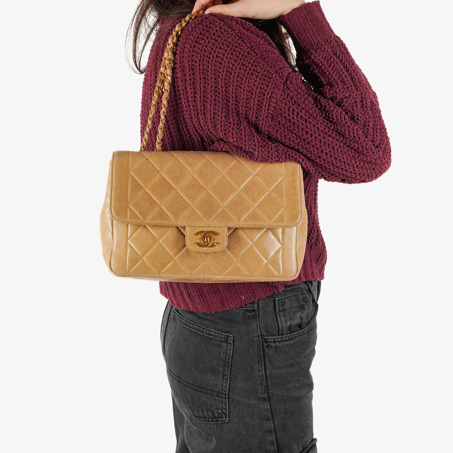 Chanel Classic Single Flap Bag Beige Quilted Lambskin 24K Gold-Plated Hardware