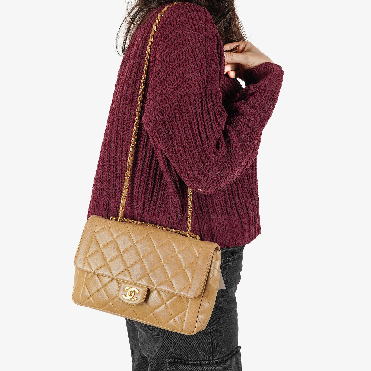 Chanel Classic Single Flap Bag Beige Quilted Lambskin 24K Gold-Plated Hardware