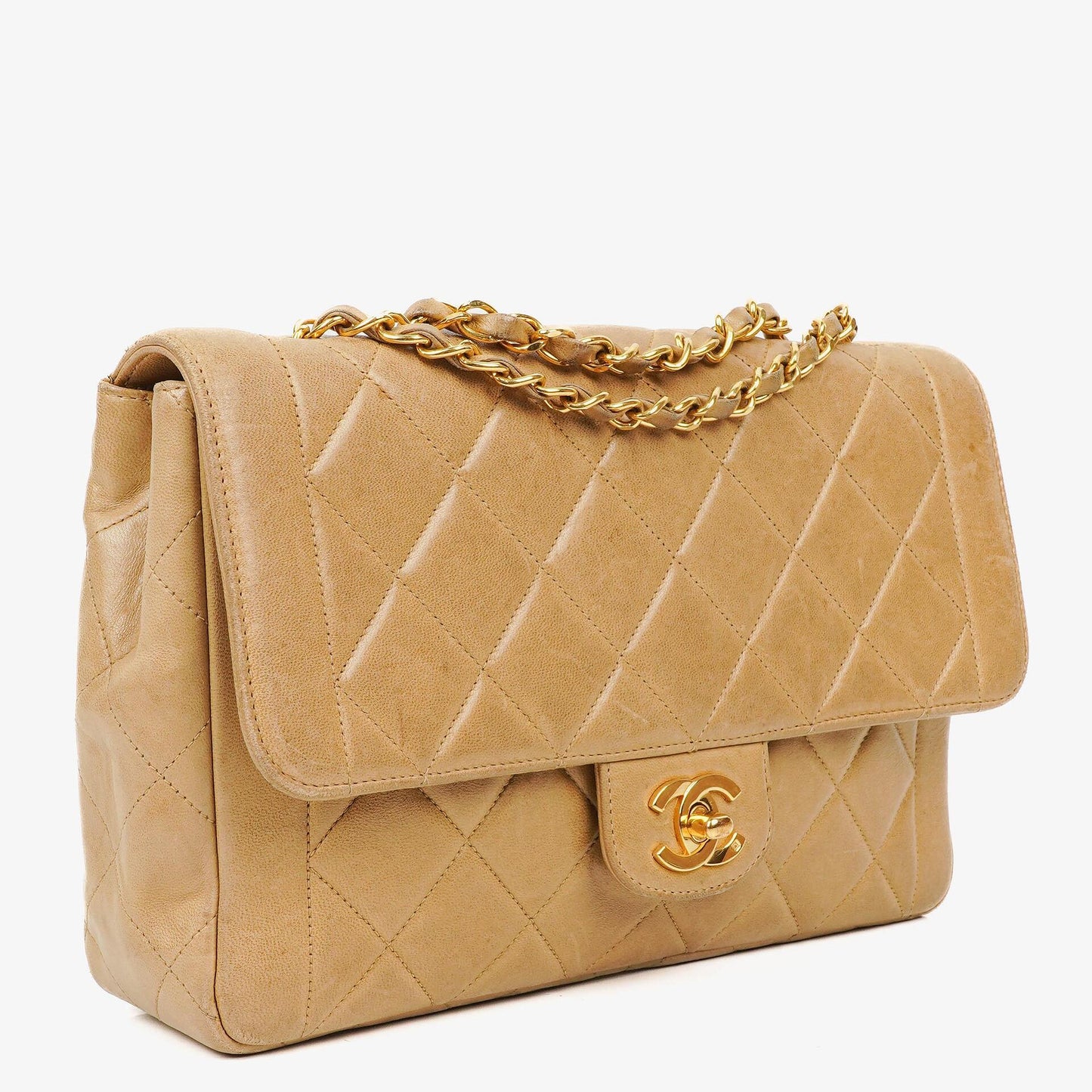Chanel Classic Single Flap Bag Beige Quilted Lambskin 24K Gold-Plated Hardware