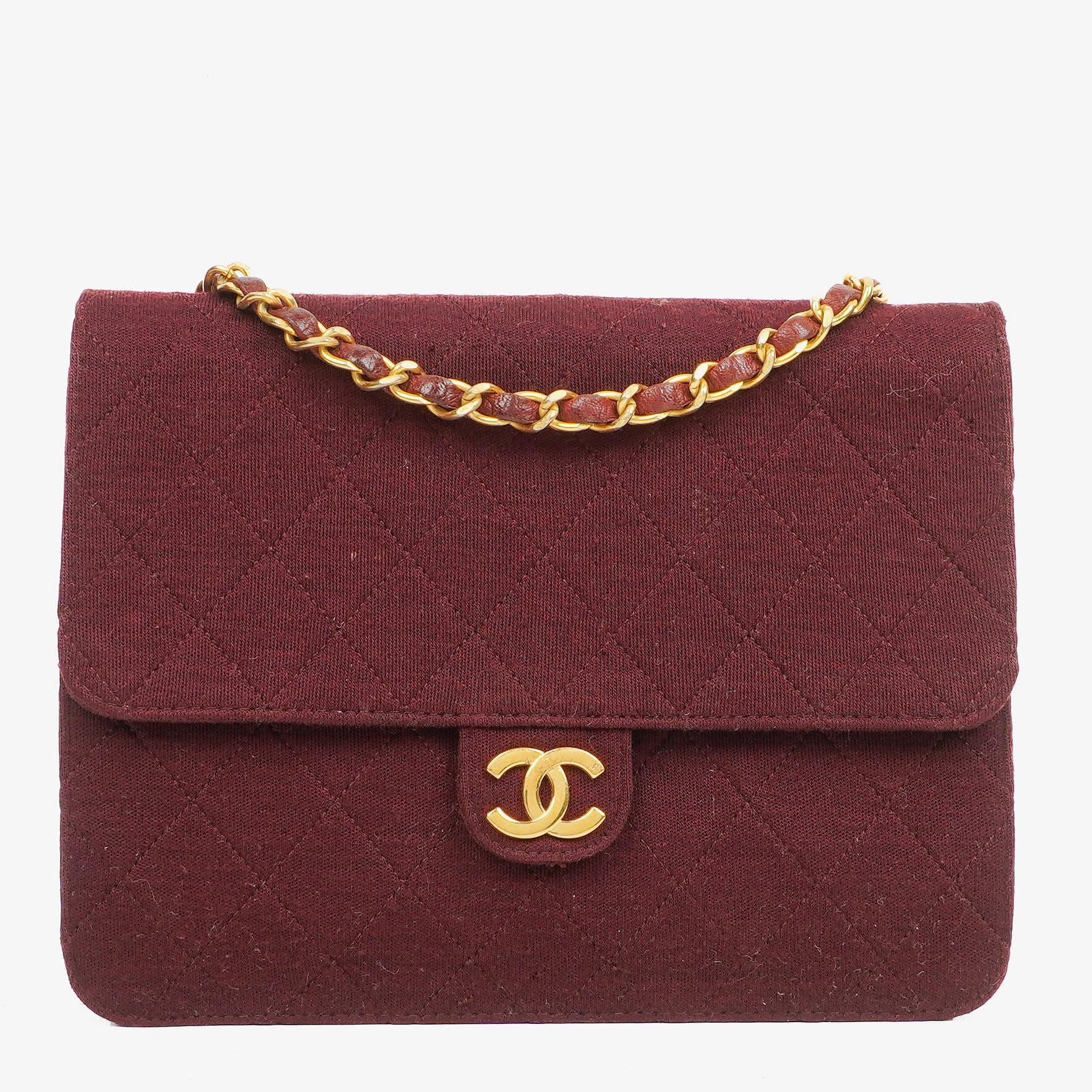 Chanel Classic Single Flap Bag Burgundy Quilted Jersey And Leather 24K Gold-Plated Hardware