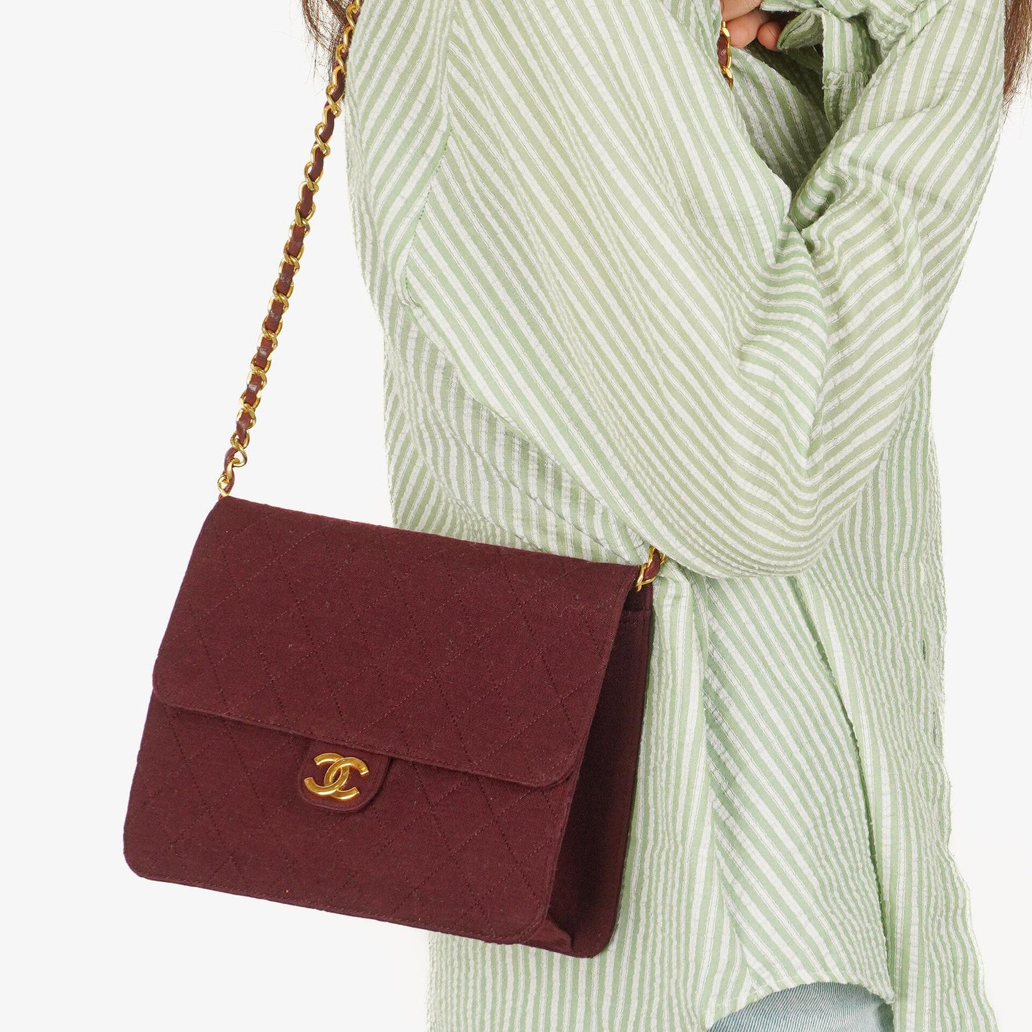 Chanel Classic Single Flap Bag Burgundy Quilted Jersey And Leather 24K Gold-Plated Hardware