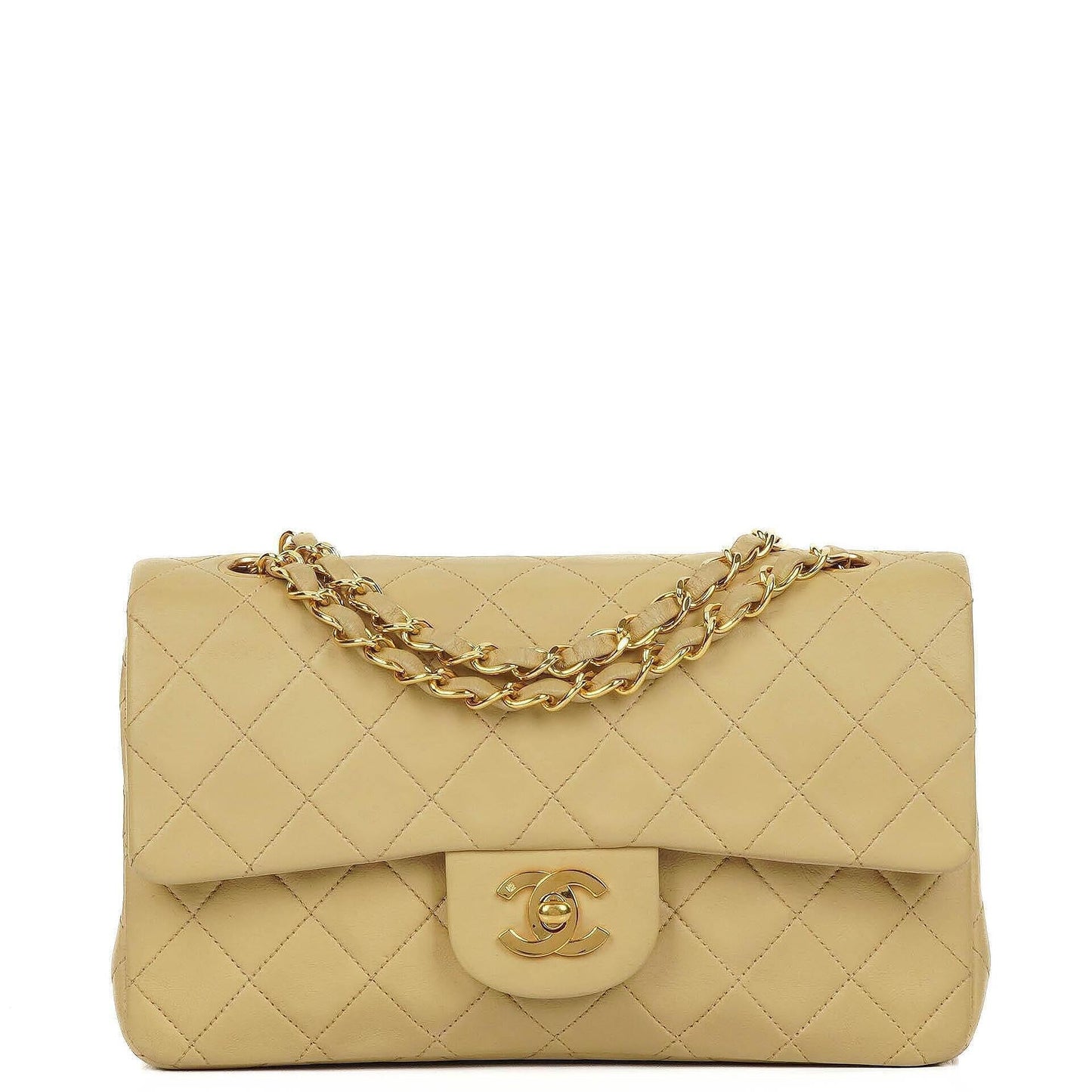 Chanel Classic Small Double Flap Bag In Beige Quilted Lambskin And 24K Gold-Plated Hardware