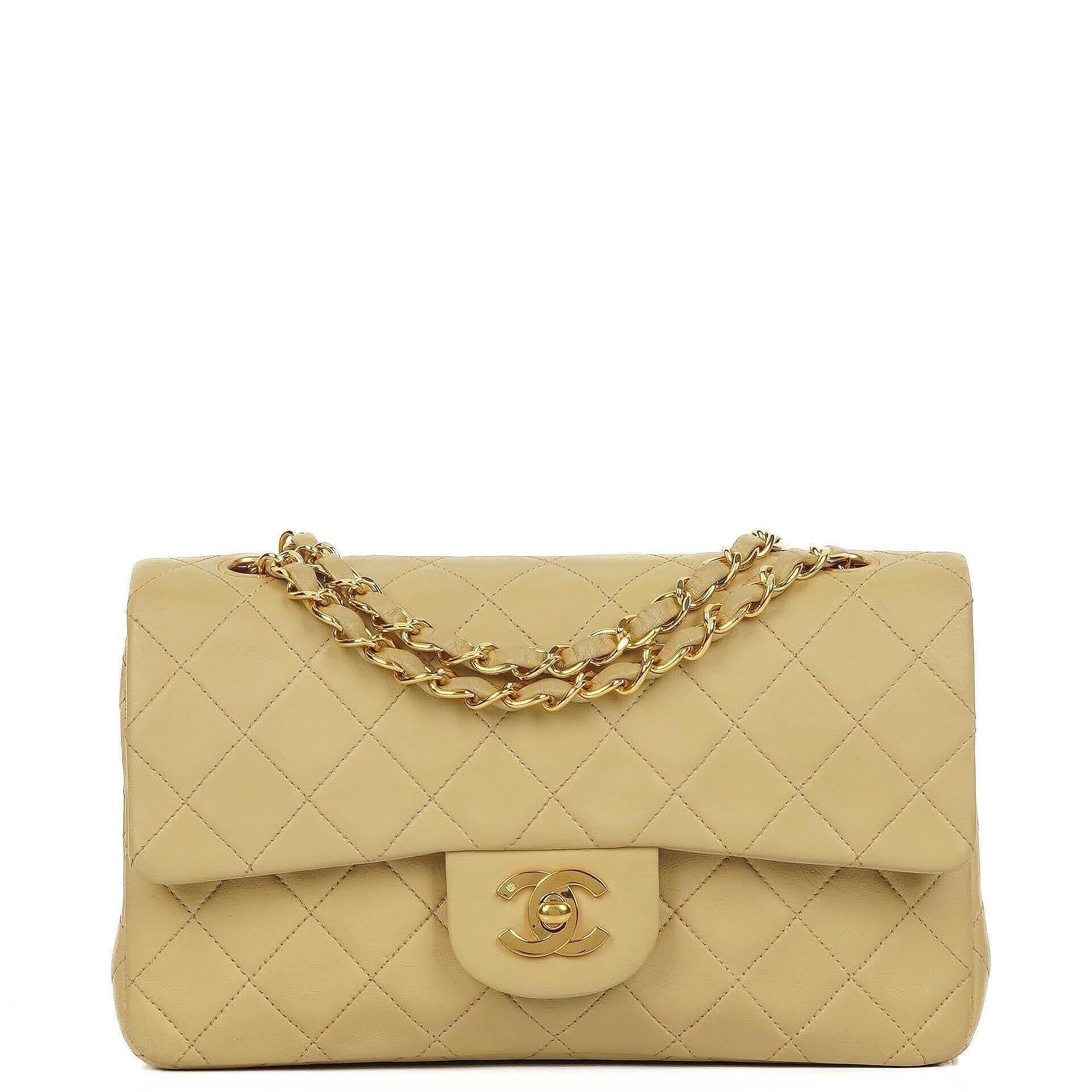 Chanel Classic Small Double Flap Bag In Beige Quilted Lambskin And 24K Gold-Plated Hardware