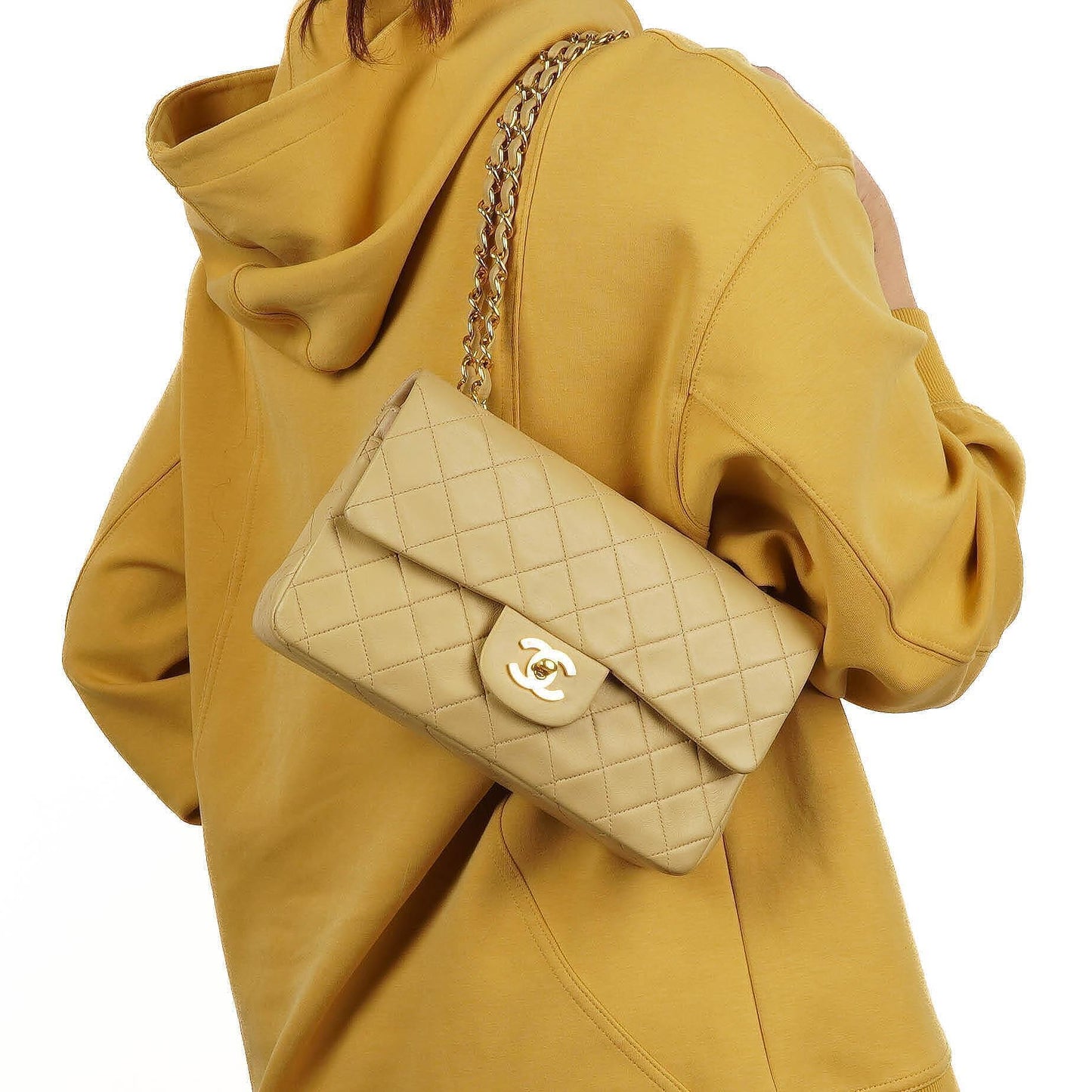 Chanel Classic Small Double Flap Bag In Beige Quilted Lambskin And 24K Gold-Plated Hardware