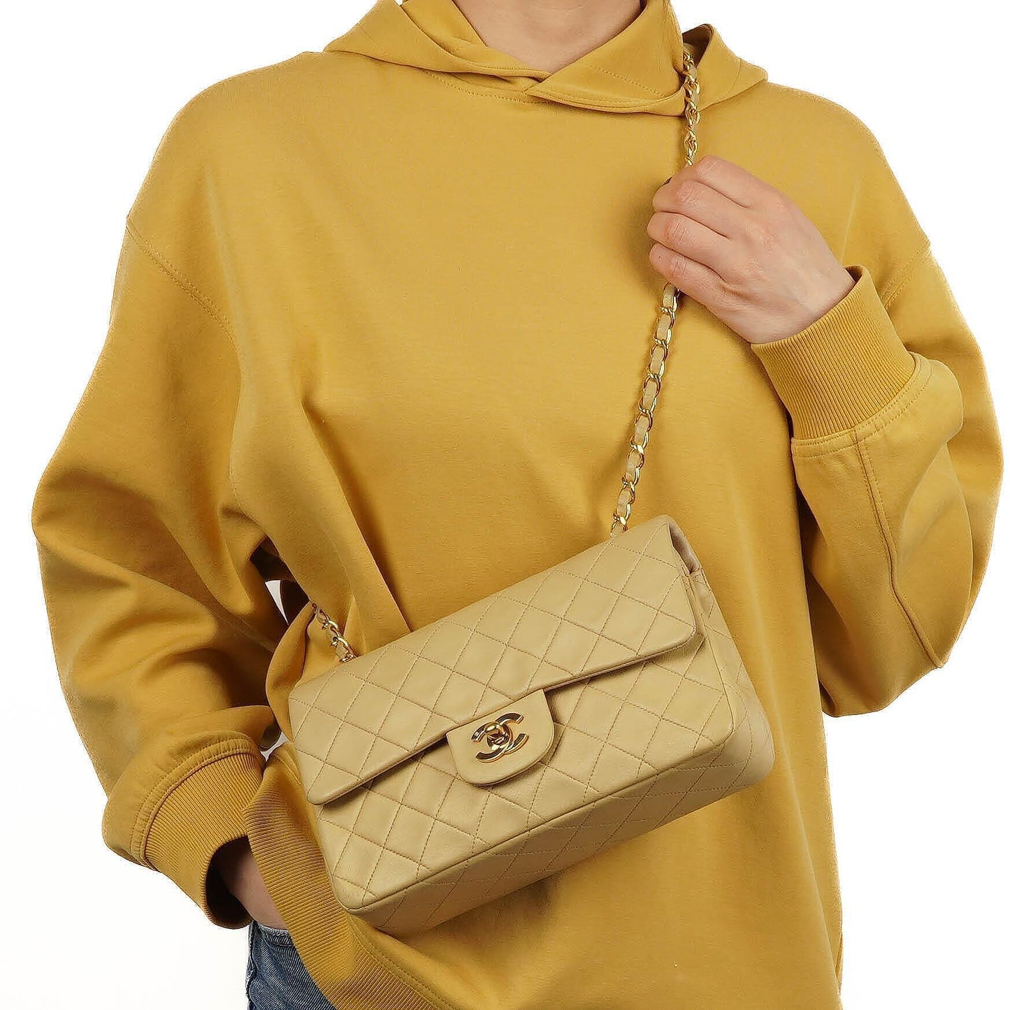 Chanel Classic Small Double Flap Bag In Beige Quilted Lambskin And 24K Gold-Plated Hardware