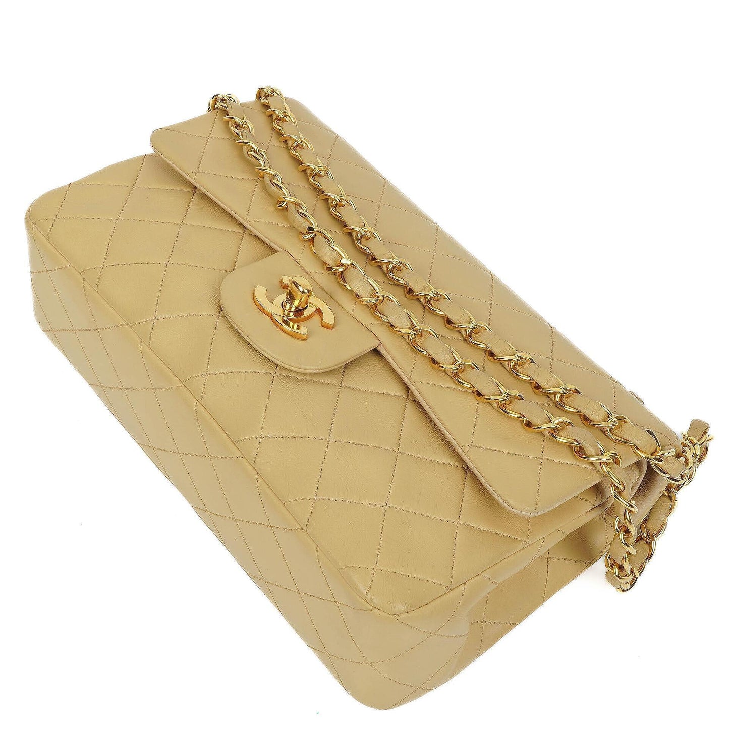 Chanel Classic Small Double Flap Bag In Beige Quilted Lambskin And 24K Gold-Plated Hardware
