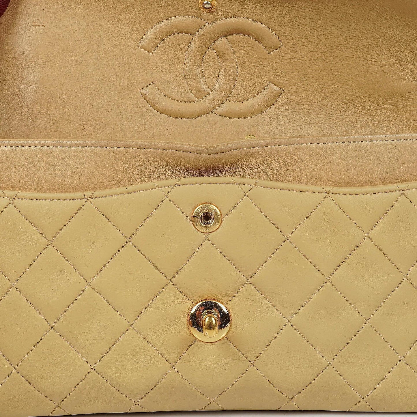 Chanel Classic Small Double Flap Bag In Beige Quilted Lambskin And 24K Gold-Plated Hardware