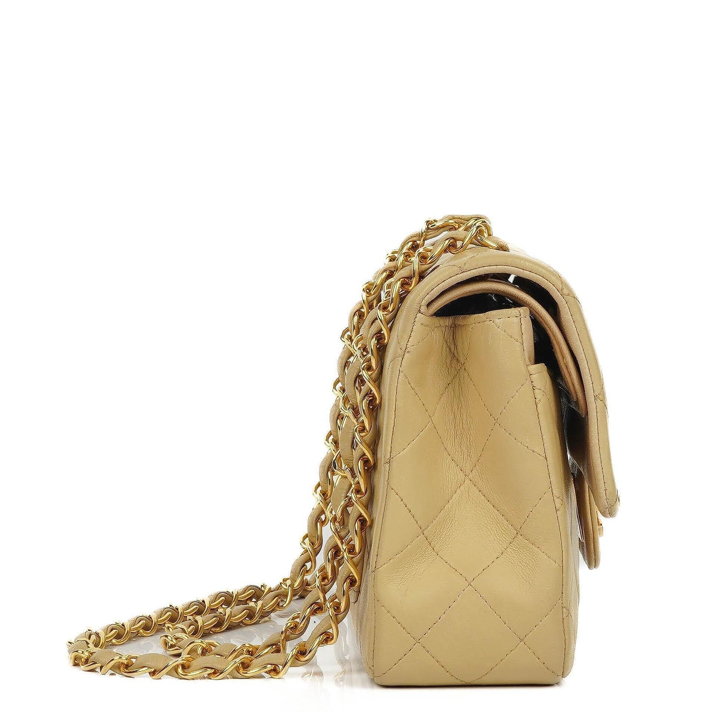 Chanel Classic Small Double Flap Bag In Beige Quilted Lambskin And 24K Gold-Plated Hardware