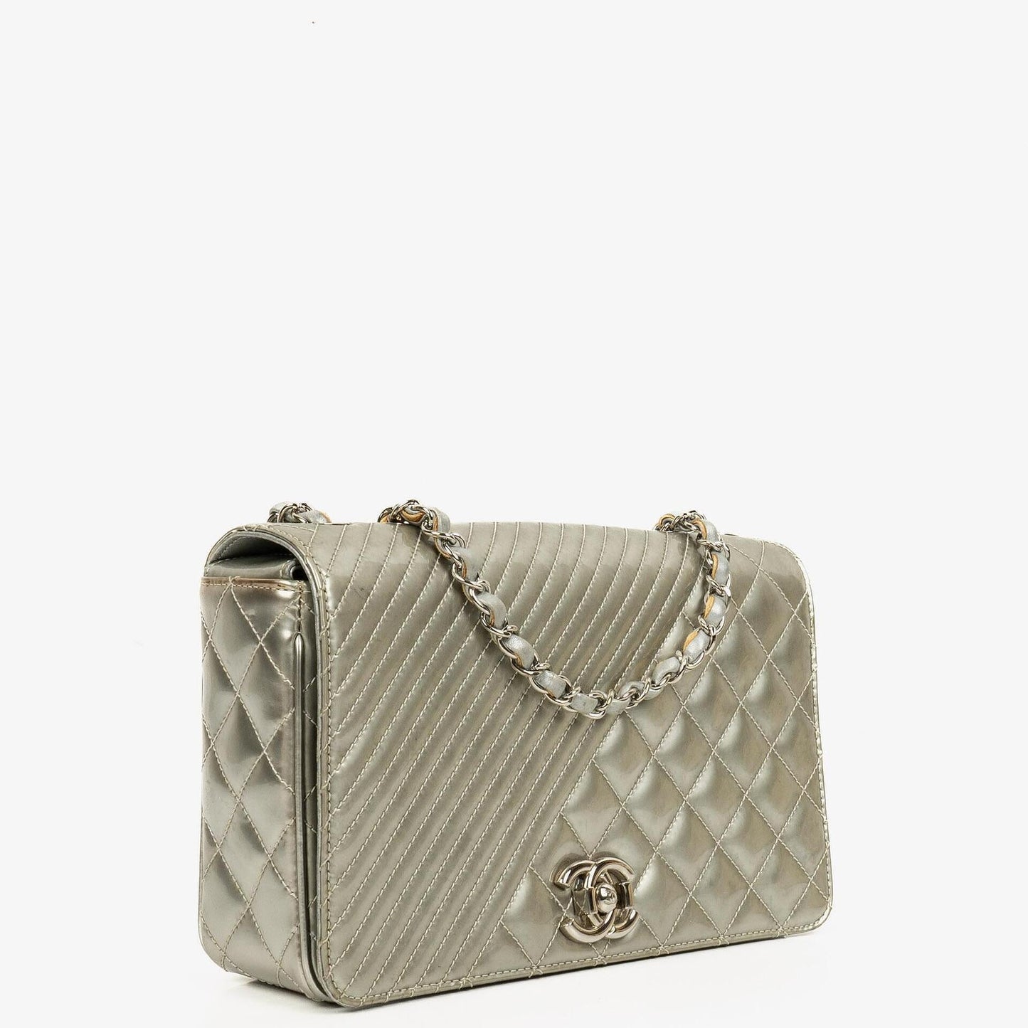 Chanel Coco Boy Flap Bag Silver Quilted Patent Leather