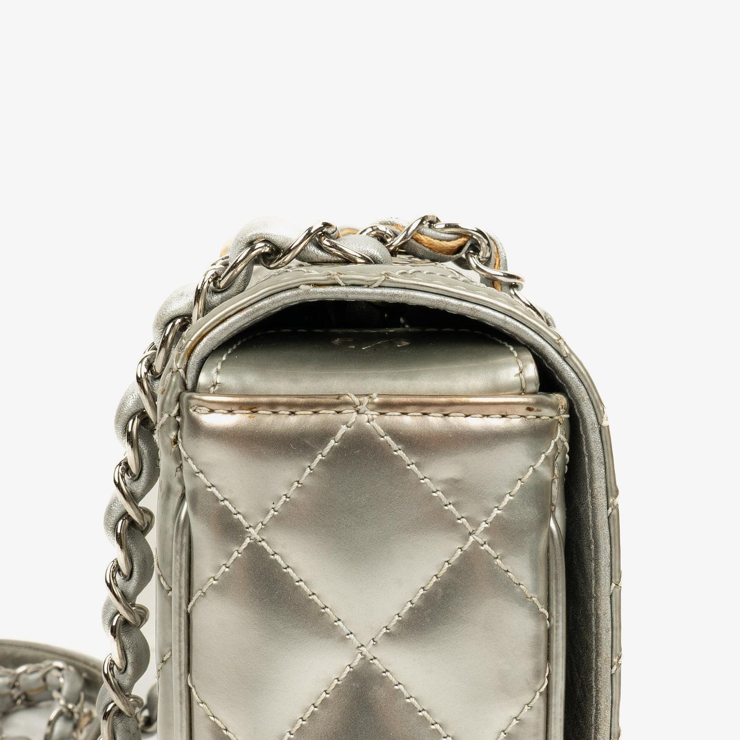 Chanel Coco Boy Flap Bag Silver Quilted Patent Leather
