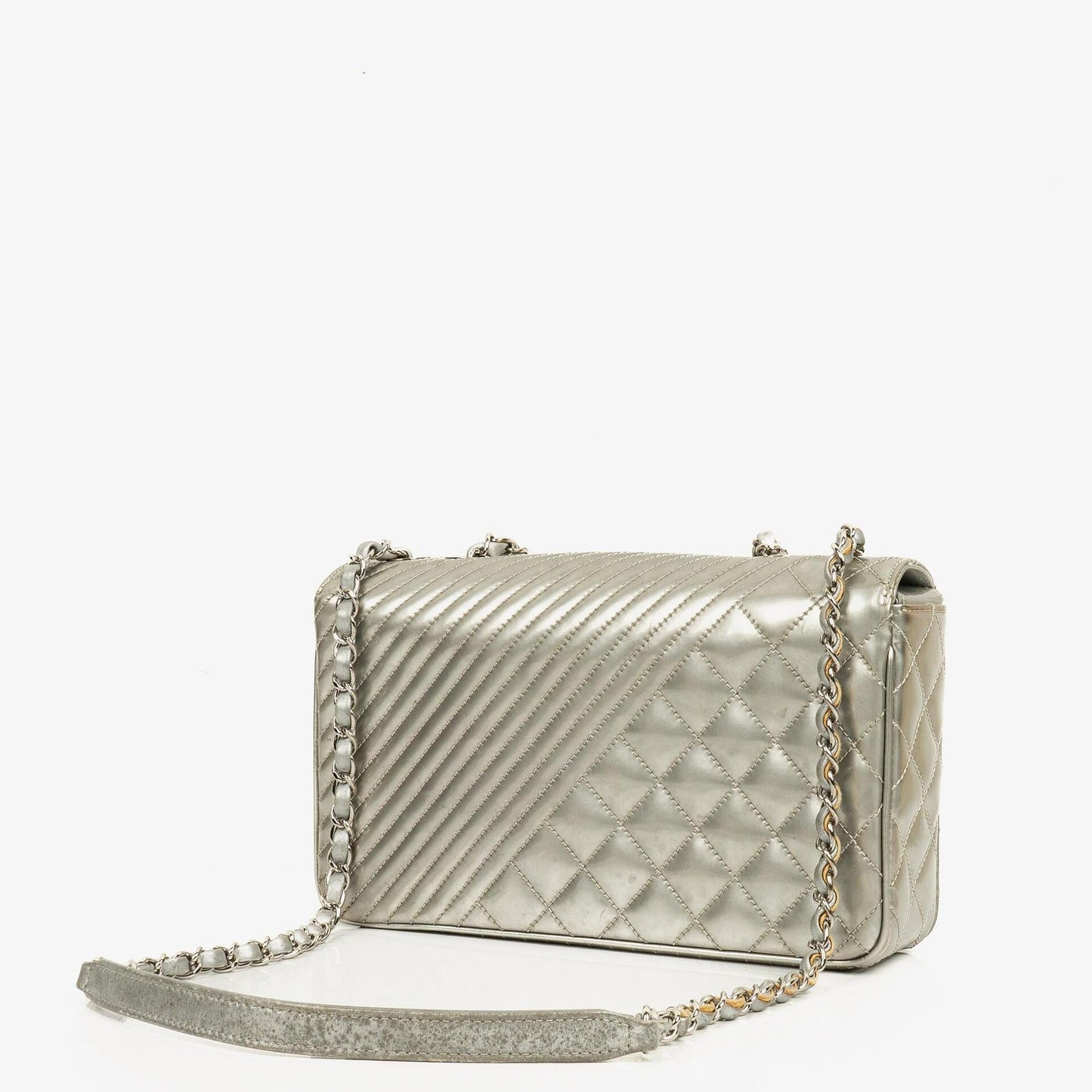 Chanel Coco Boy Flap Bag Silver Quilted Patent Leather