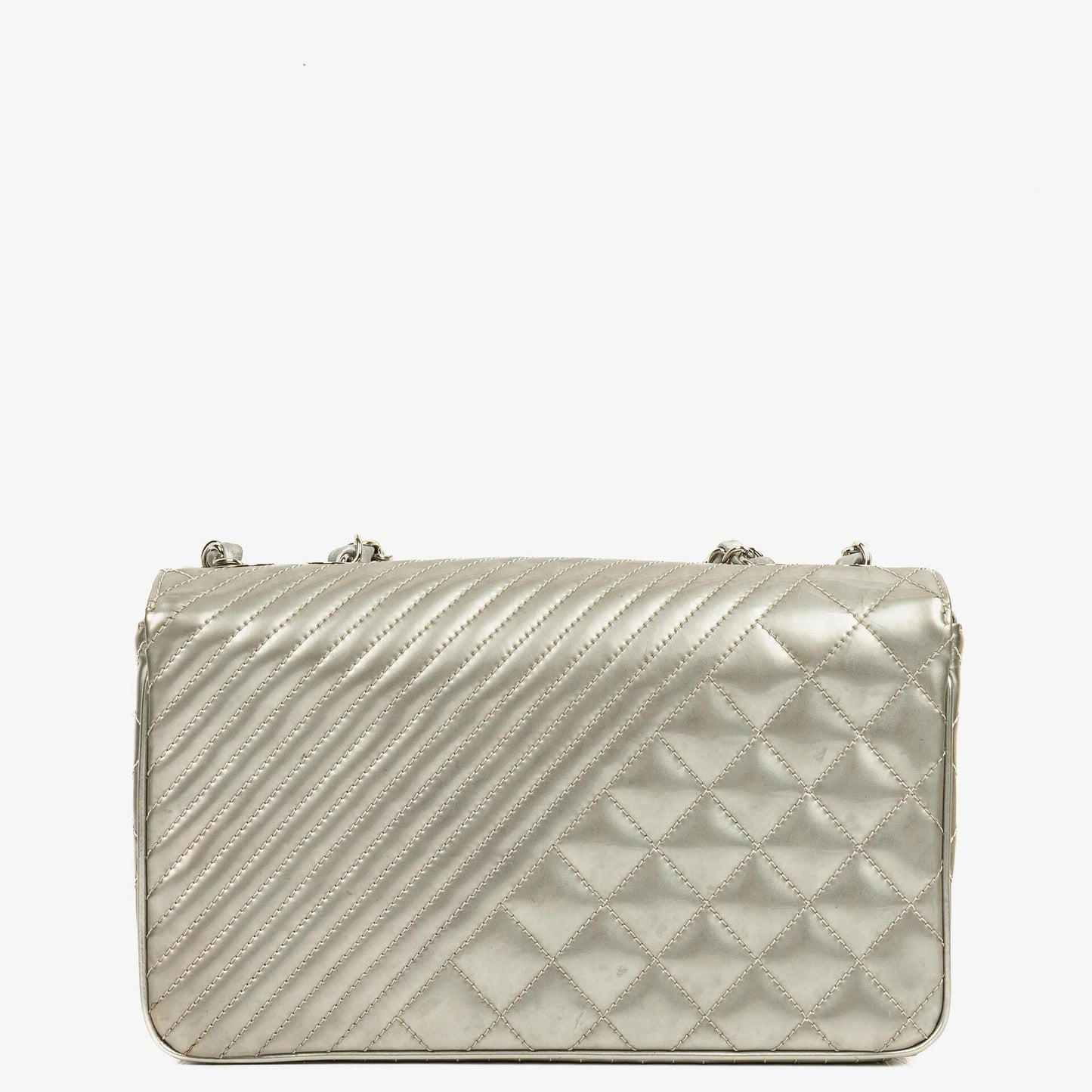 Chanel Coco Boy Flap Bag Silver Quilted Patent Leather