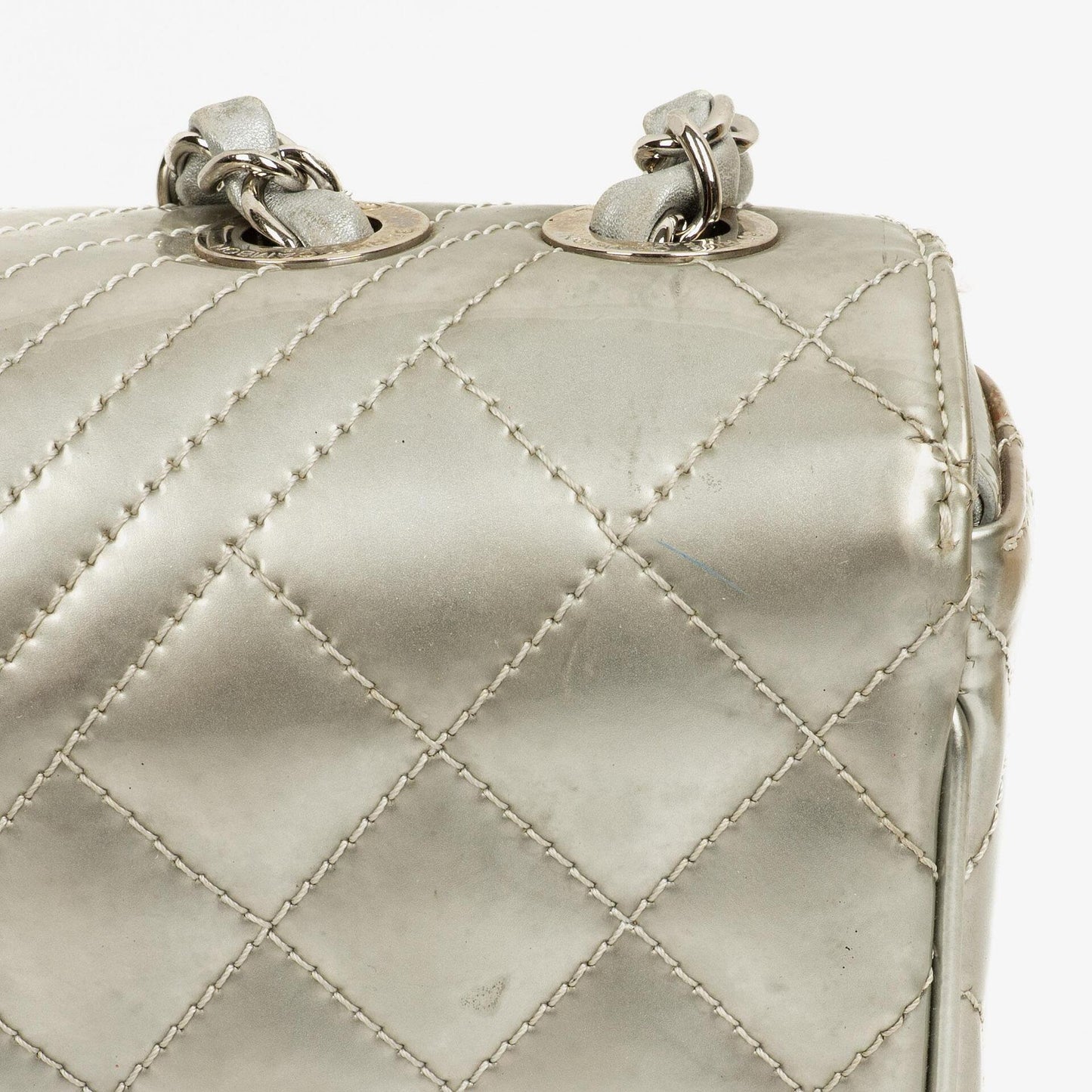 Chanel Coco Boy Flap Bag Silver Quilted Patent Leather