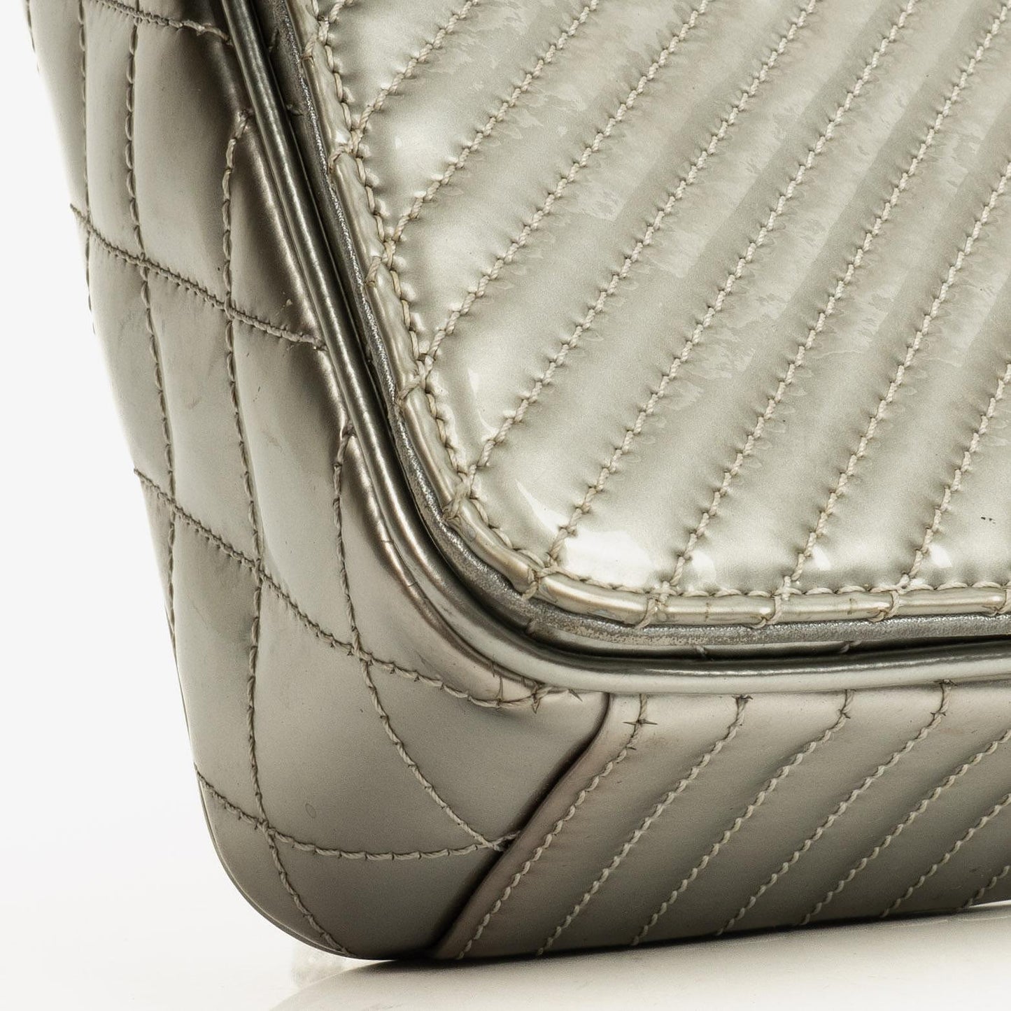 Chanel Coco Boy Flap Bag Silver Quilted Patent Leather