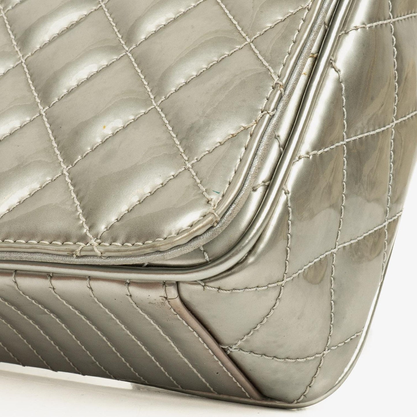 Chanel Coco Boy Flap Bag Silver Quilted Patent Leather